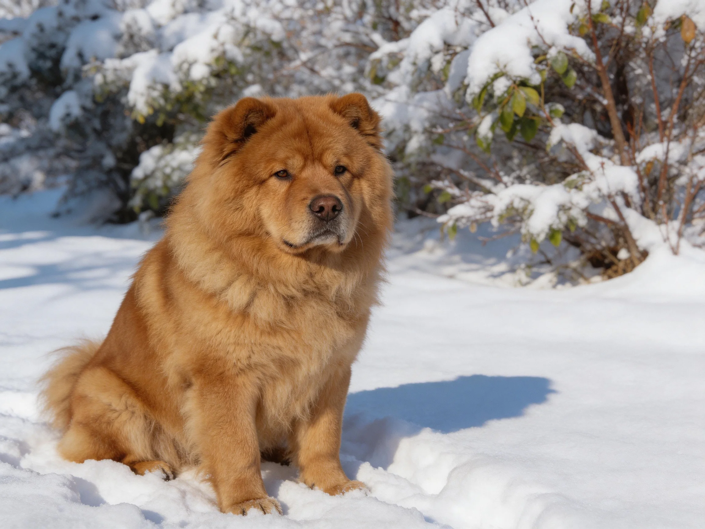 A golden Chow dog sits in a snowy winter landscape