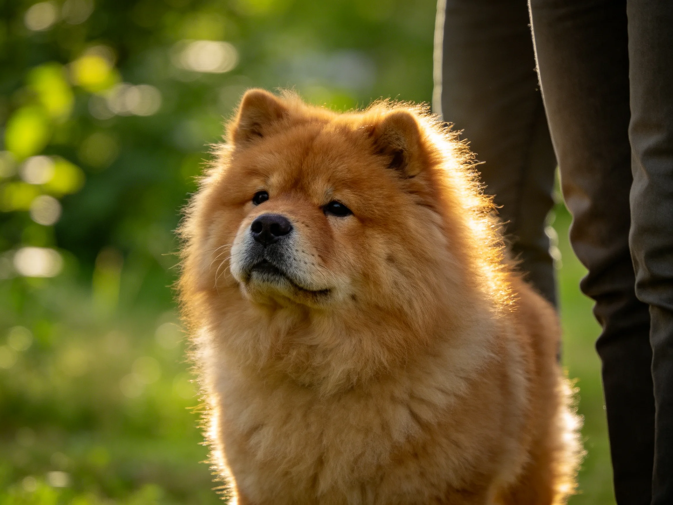 A golden Chow dog stands beside dark trousers in a sunlit green outdoor scene