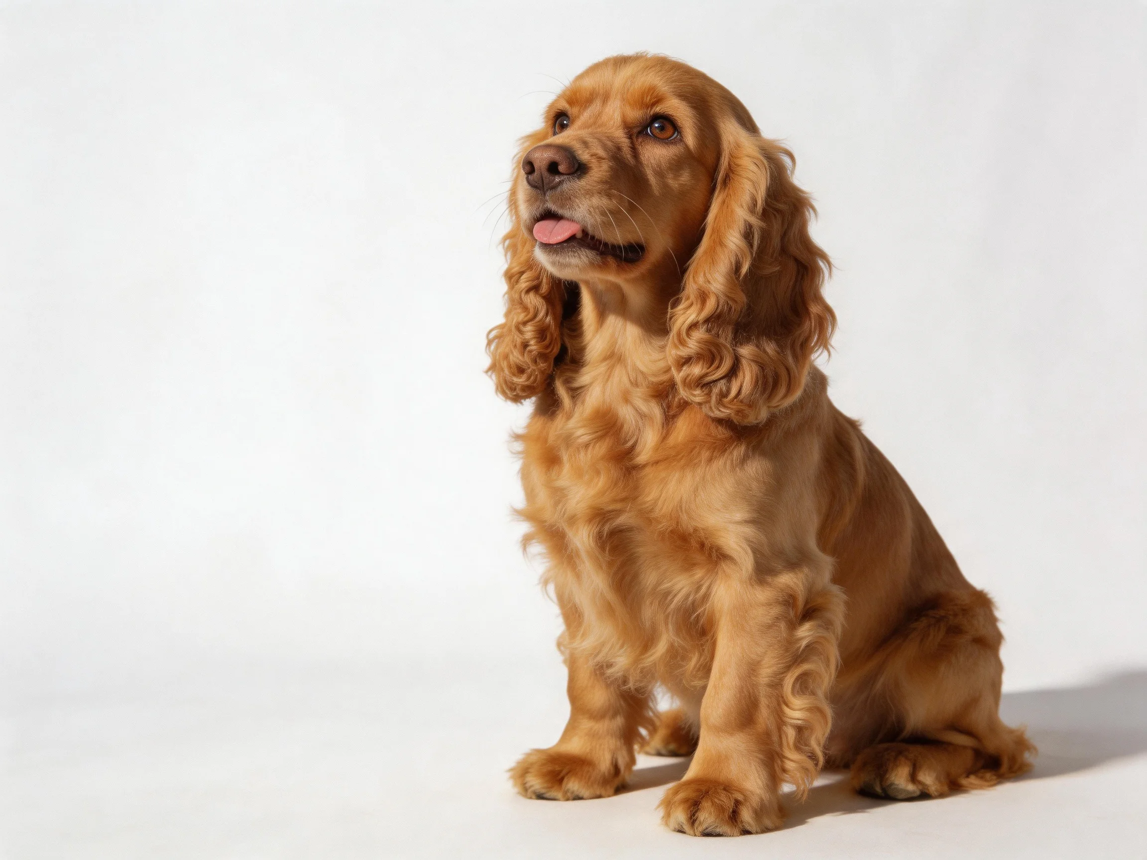 A golden Cocker Spaniel sits attentively on a plain white backdrop