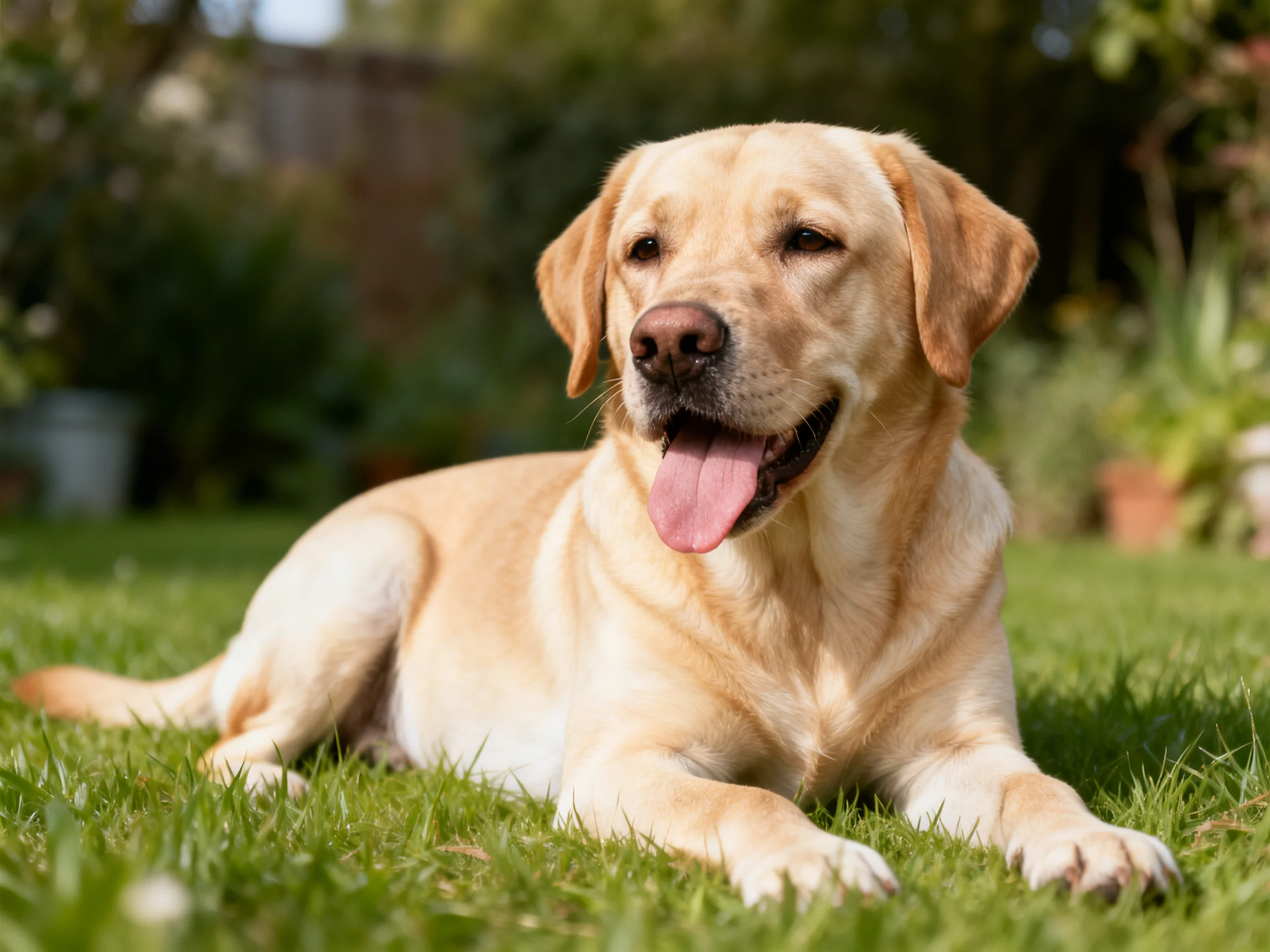 A golden Labrador Retriever relaxes on vibrant green grass