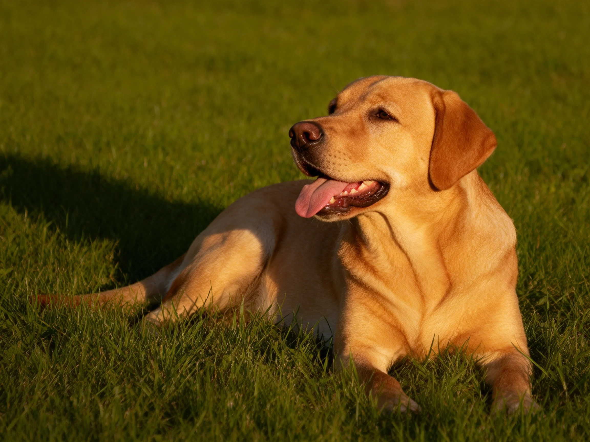 A golden Labrador relaxes on green grass in bright sunlight