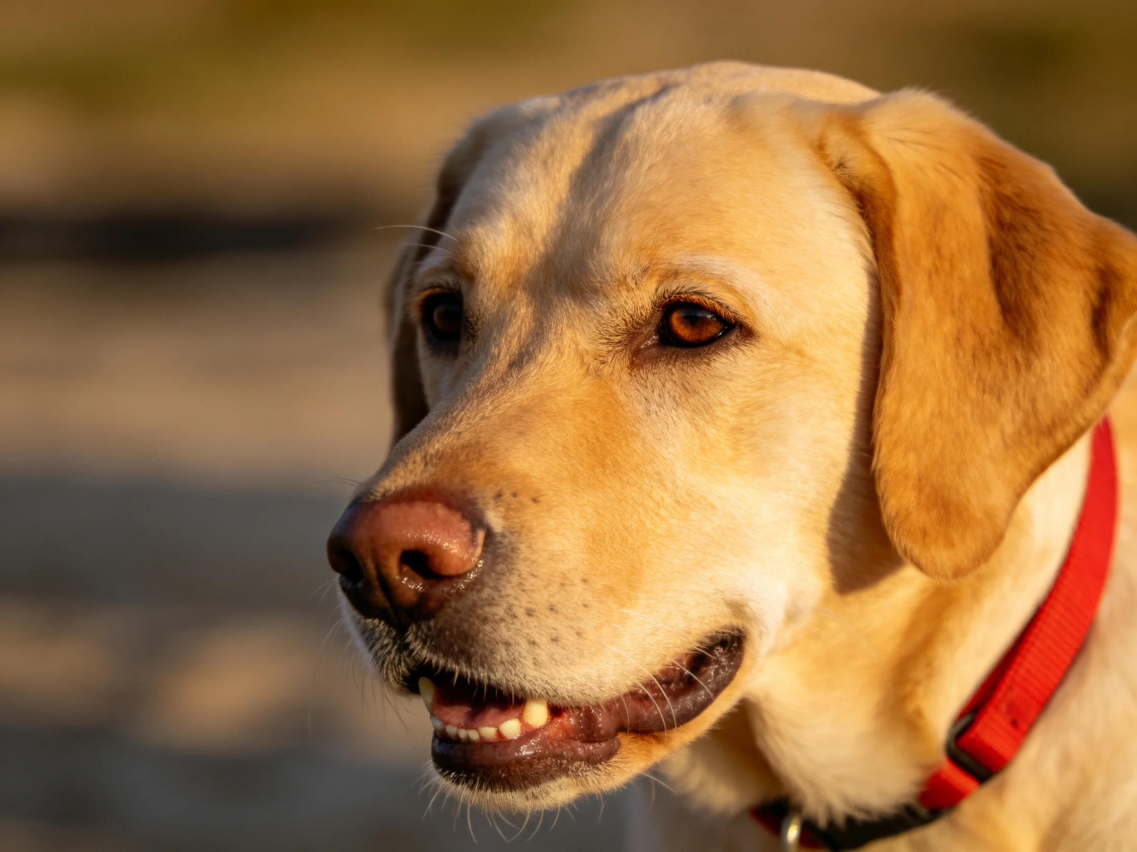 A golden Labrador retriever with a red collar is shown outdoors.