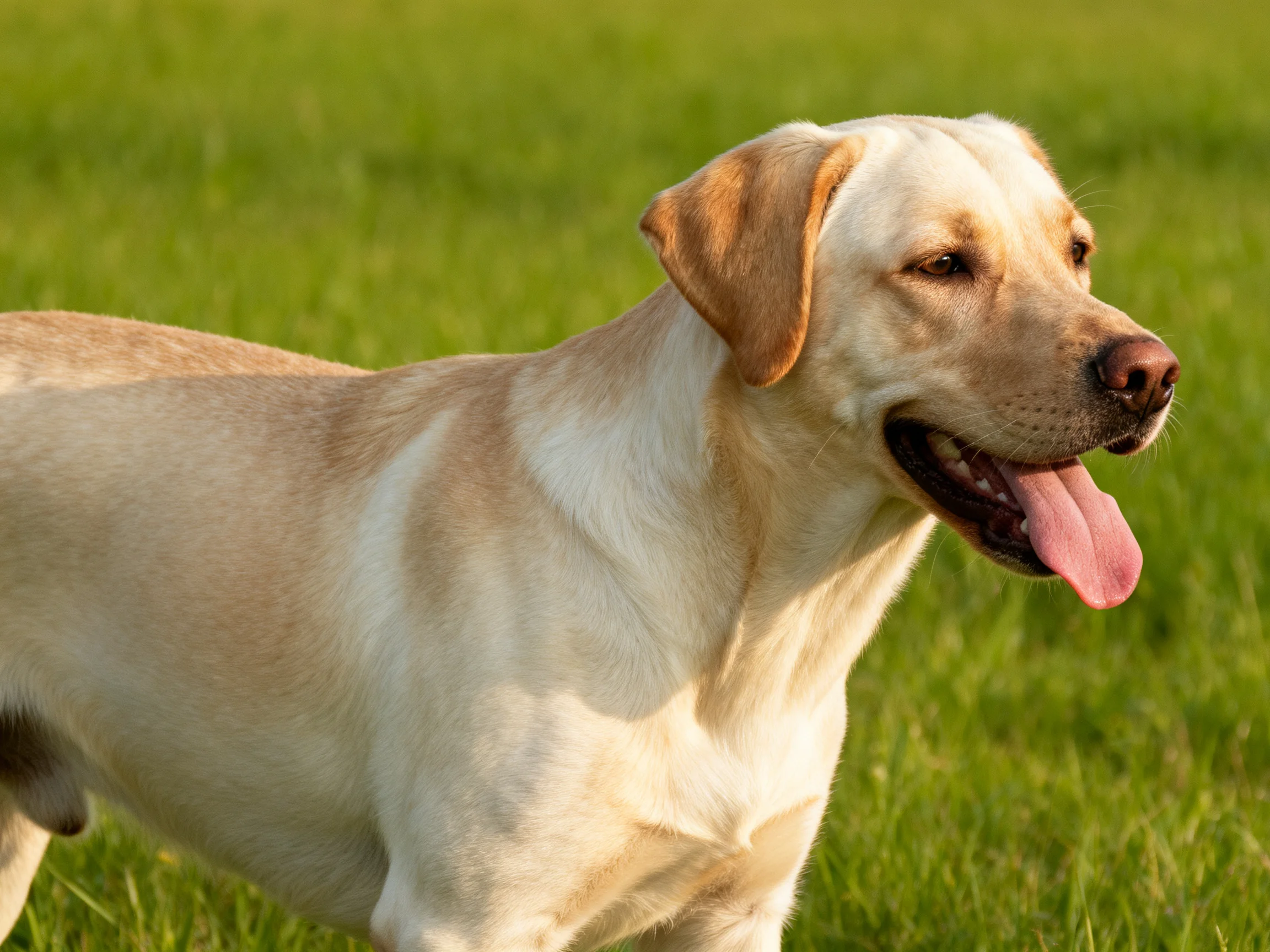 A golden Labrador stands alert in a sunlit green meadow