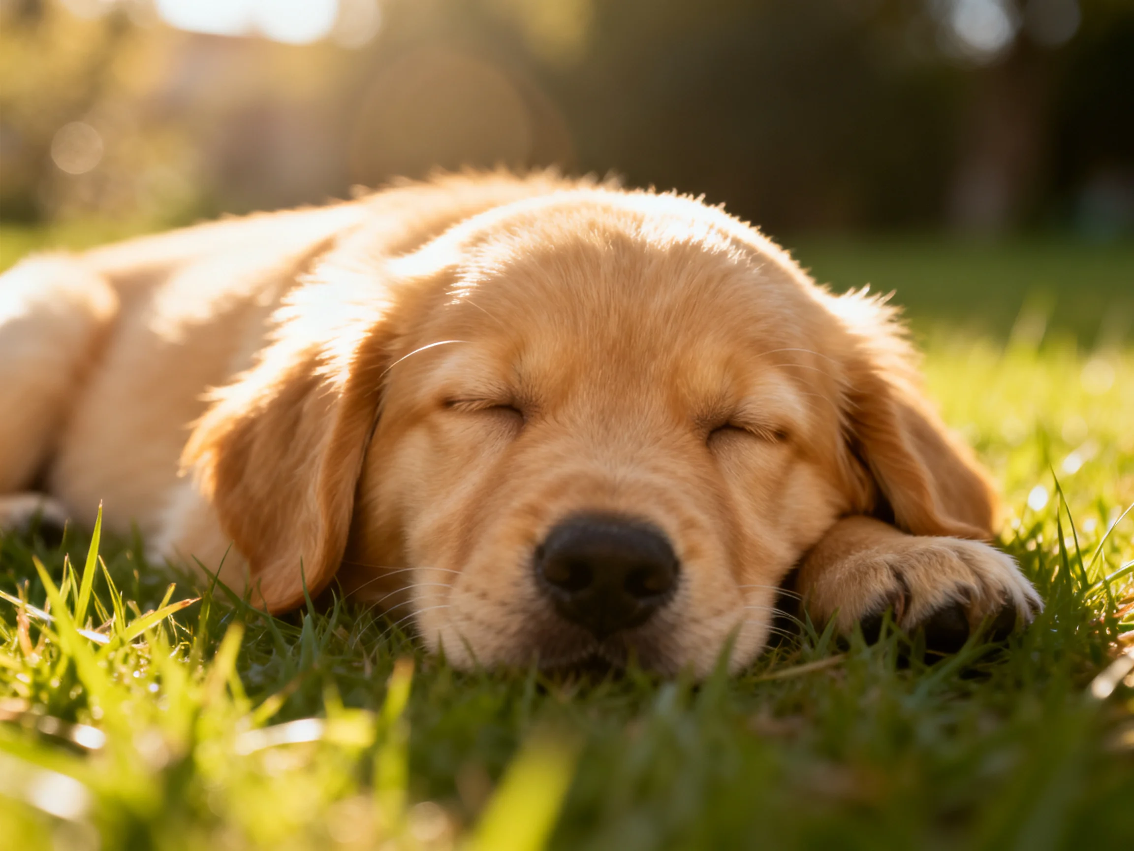 A Golden Retriever Puppy Sleeps Peacefully on Vibrant Grass During Sunny Day