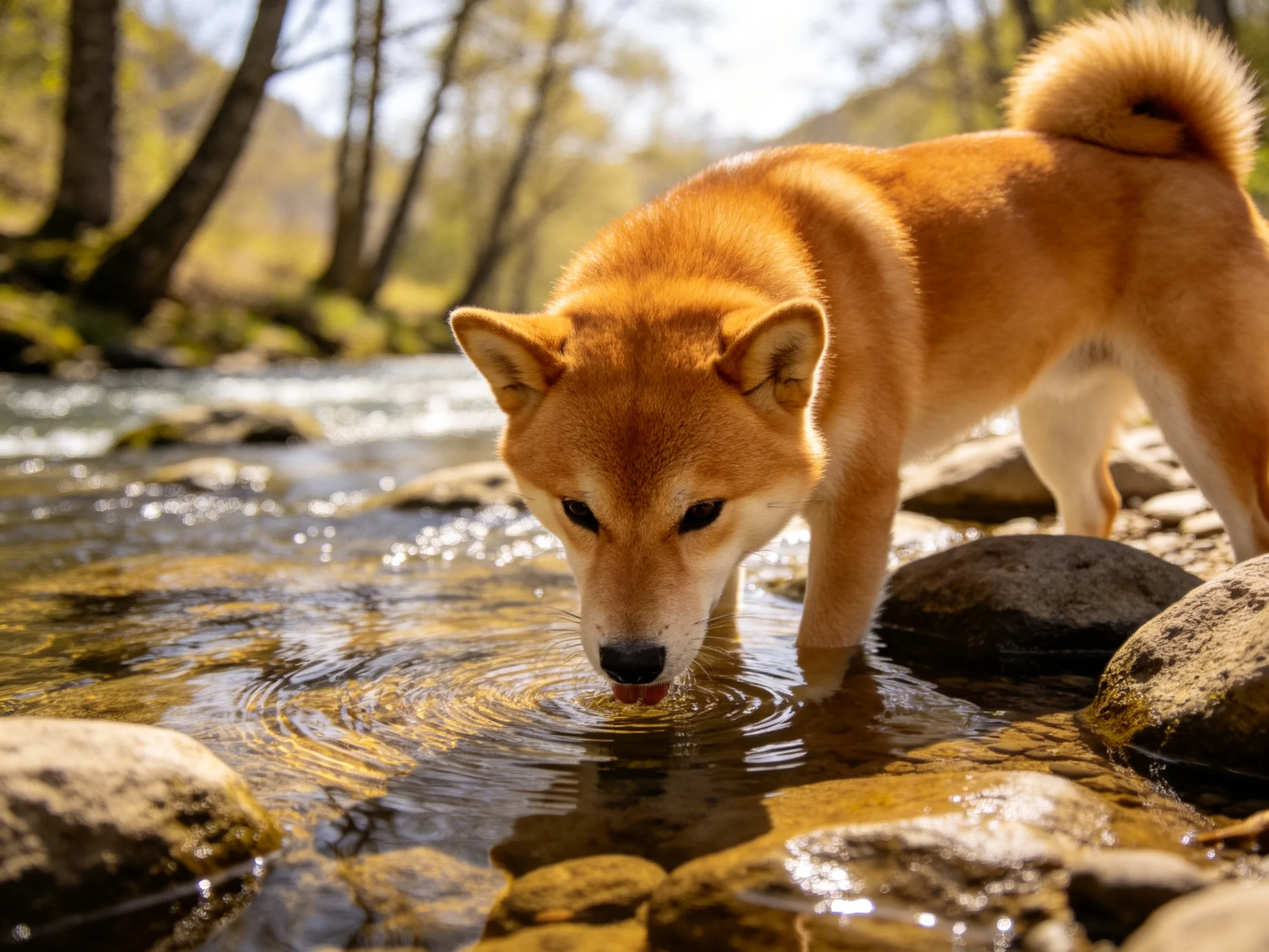 A golden Shiba Inu drinks from a sunlit rocky stream