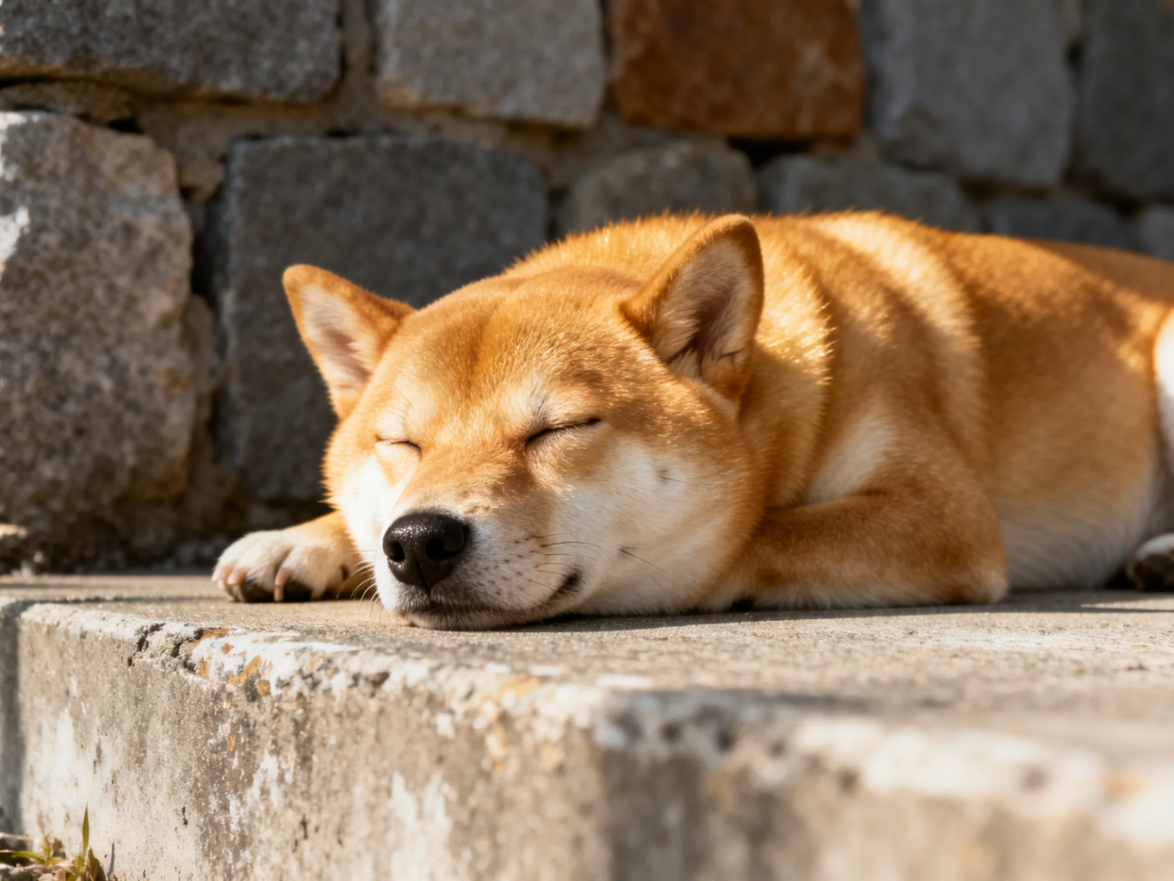 A golden Shiba Inu rests peacefully on a stone ledge near a gray brick wall