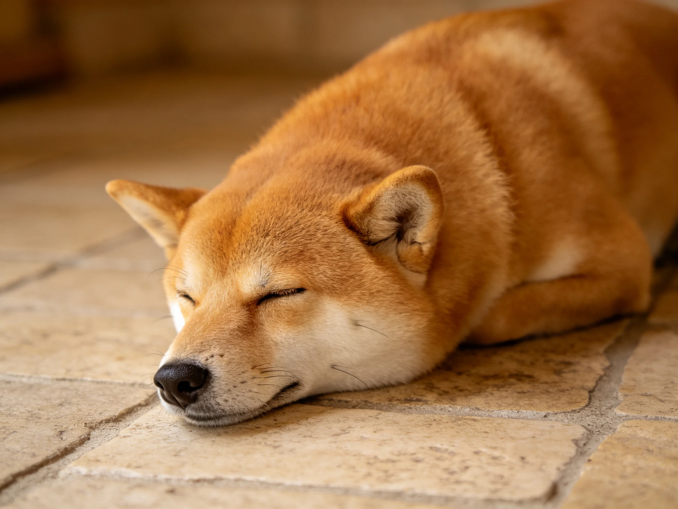 A golden Shiba Inu rests peacefully on a stone-tiled floor