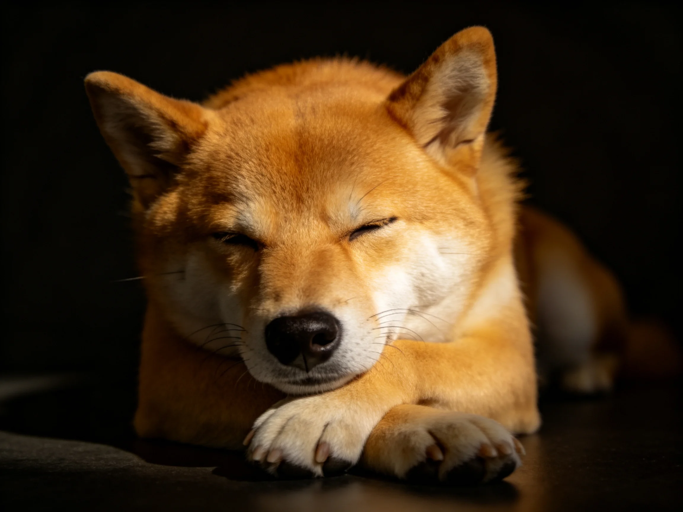 A golden Shiba Inu rests with eyes closed