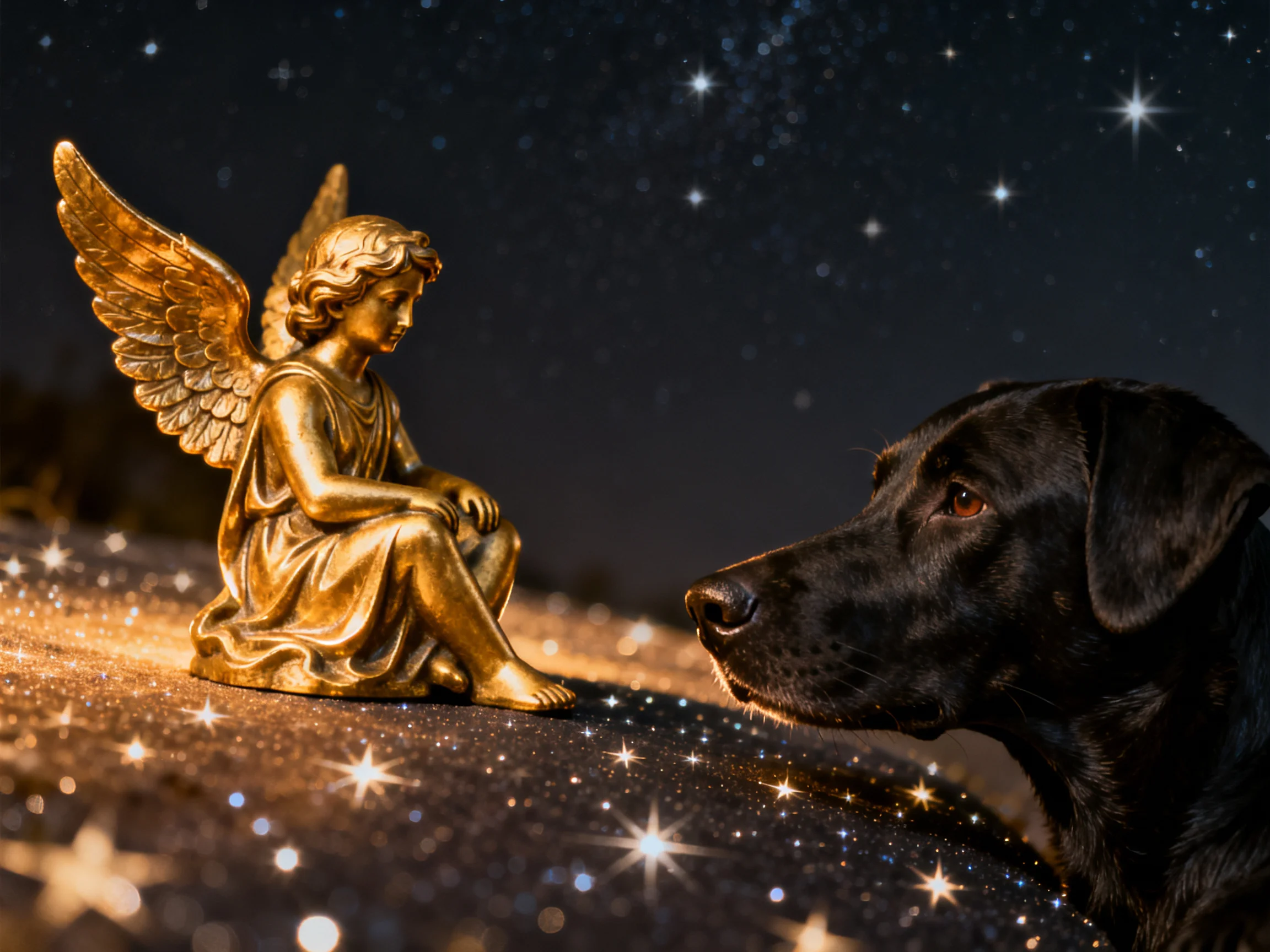 A golden angel figurine sits beside a black dog amid twinkling stars