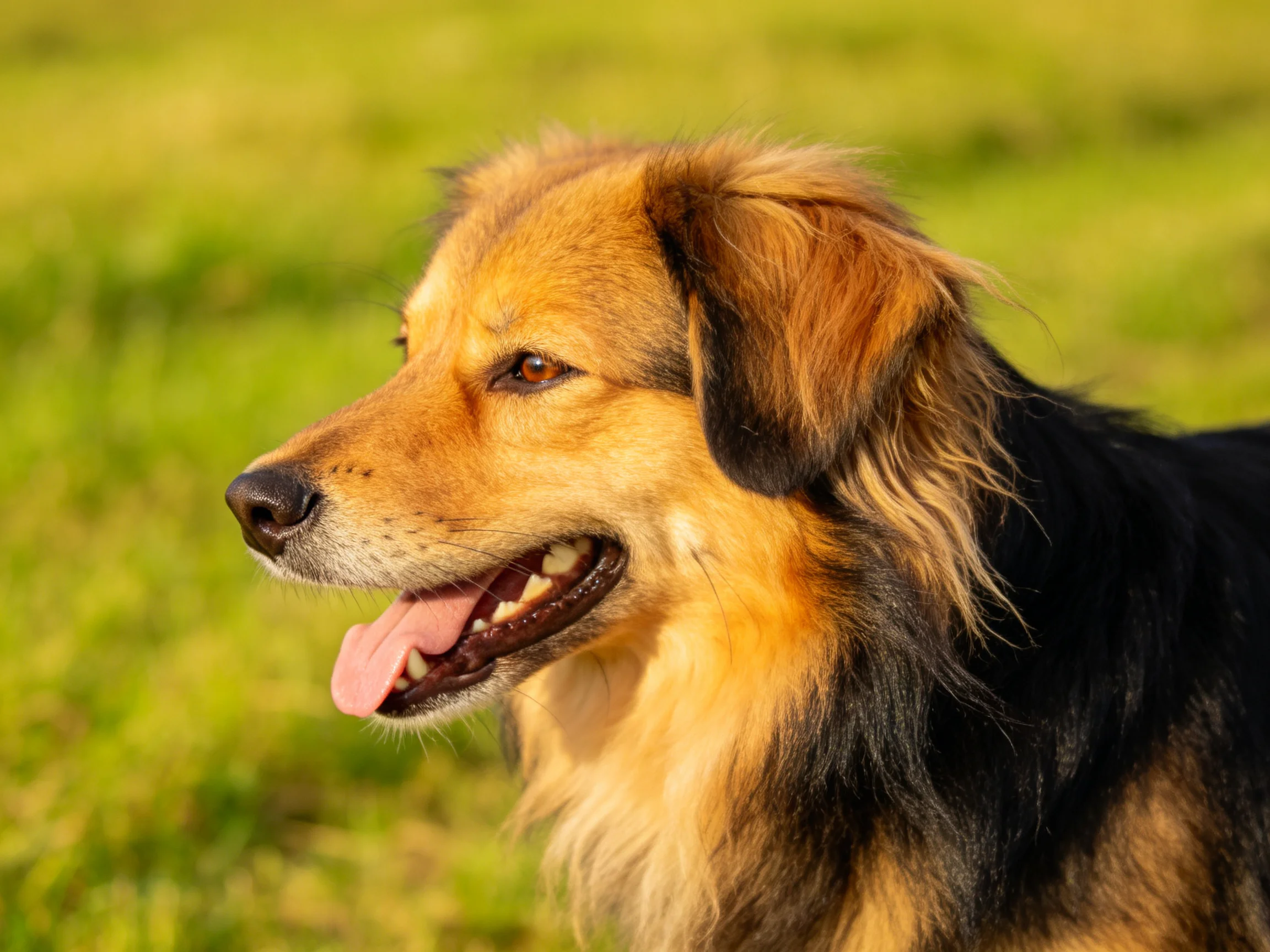 A golden-brown and black dog enjoys the outdoors in bright sunlight.