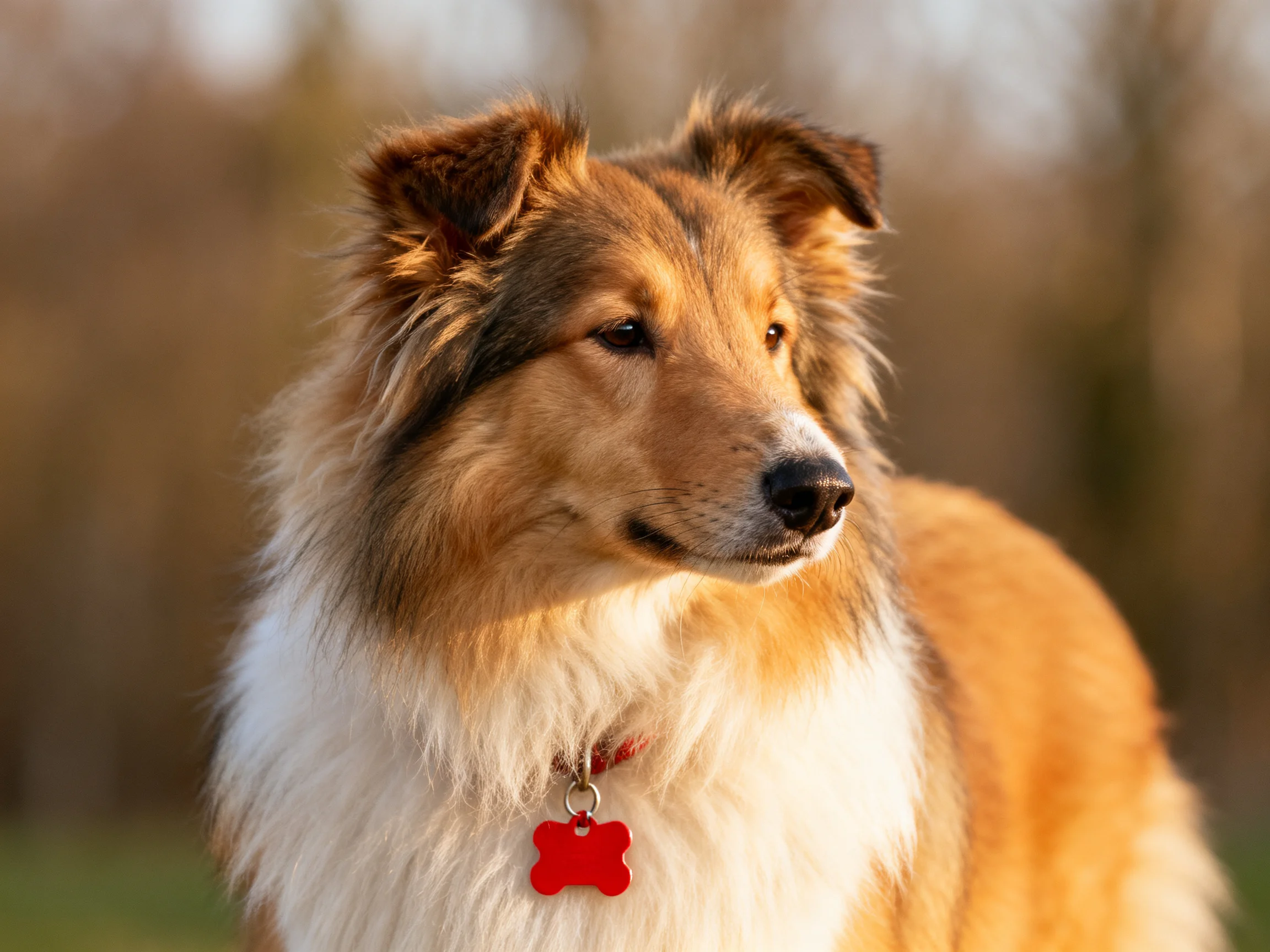 A golden-brown and white collie wears a red bone tag outdoors.