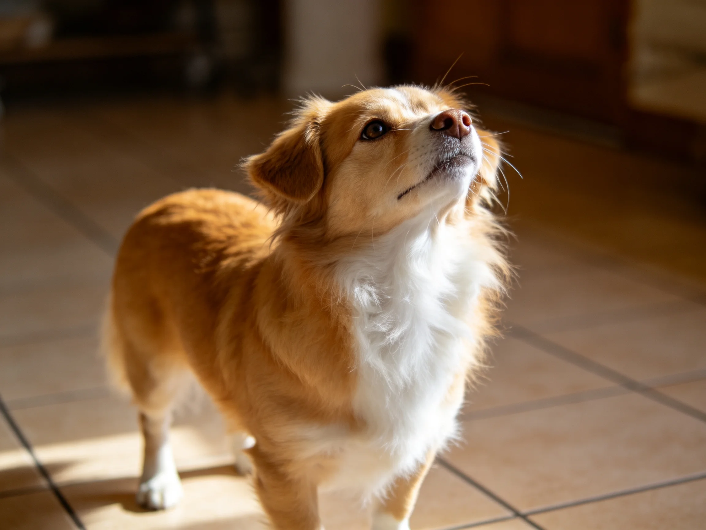 A golden-brown and white dog stands on tiled flooring in a sunlit interior.