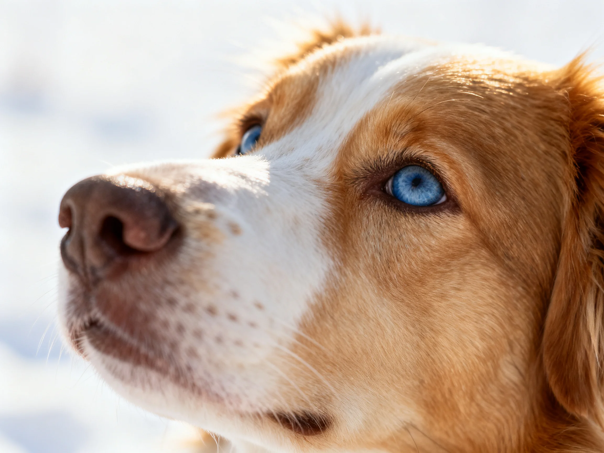 A dog with golden-brown and white fur has bright blue eyes looking upward.