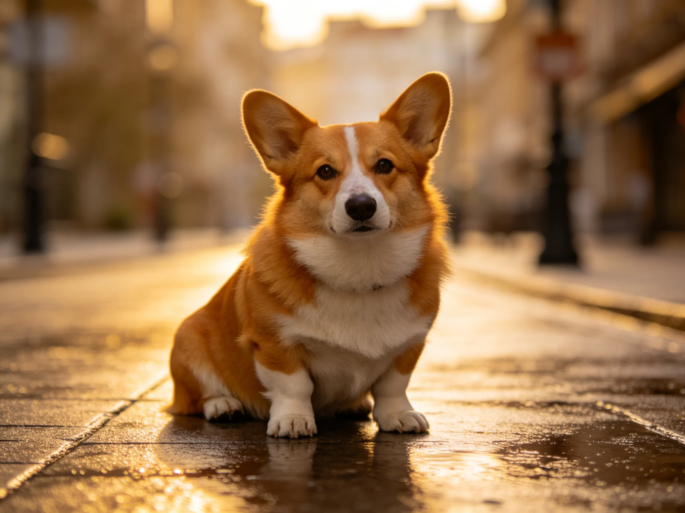 A golden-brown corgi sits on a wet city street at sunset