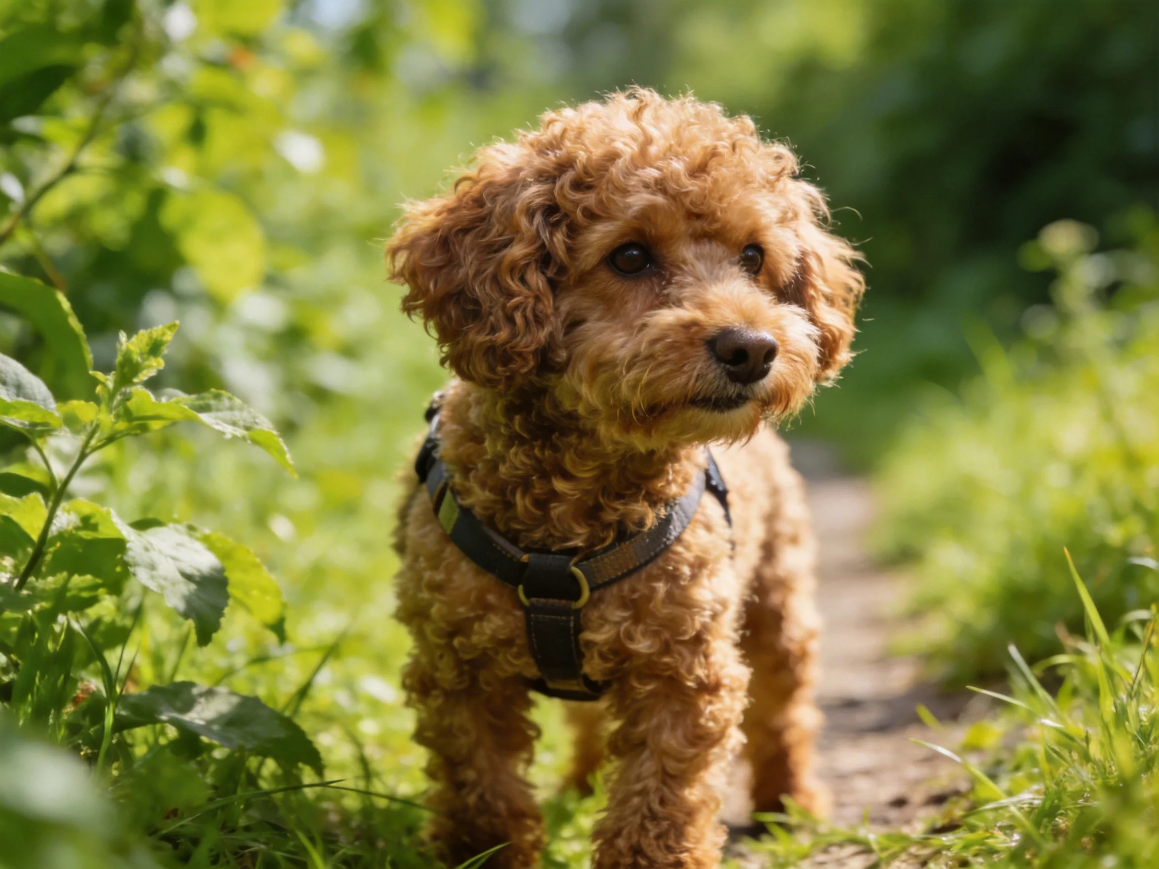 A golden-brown curly-haired dog on a sunlit nature path