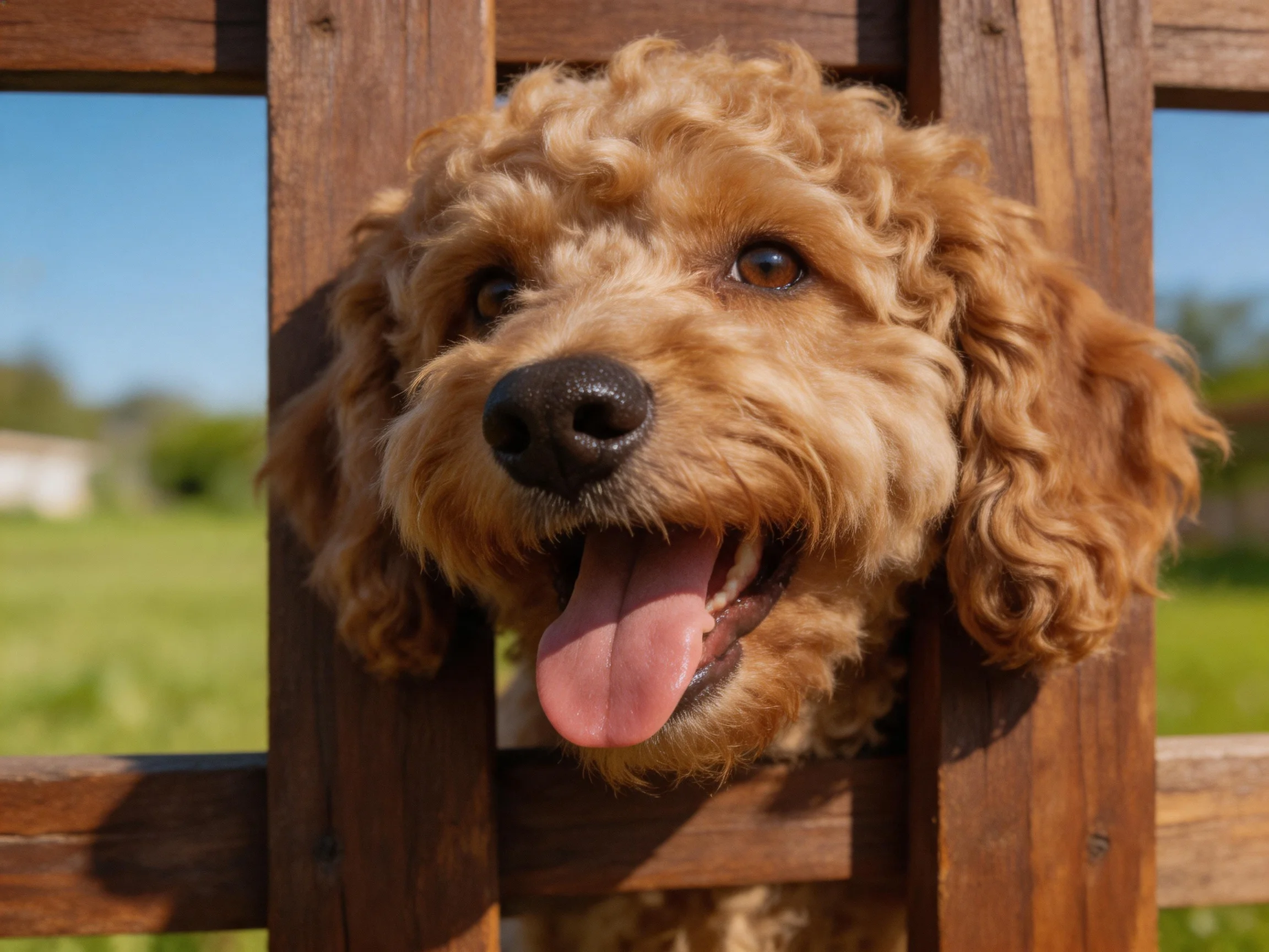 A golden-brown curly-haired dog peers through a wooden fence on a sunny day