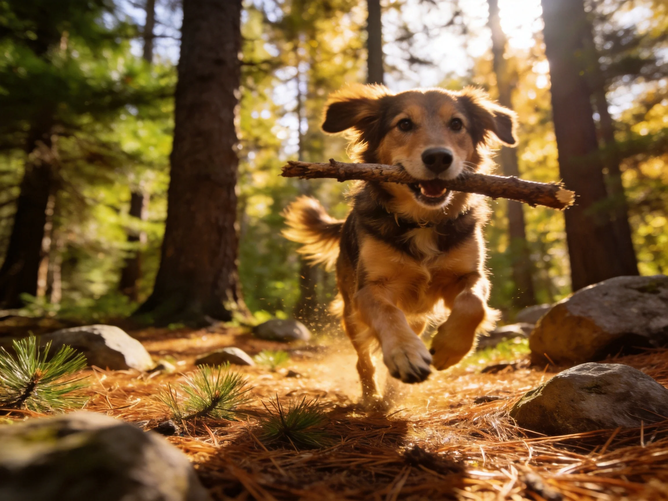 A golden-brown dog carries a large wooden stick through a sunlit forest