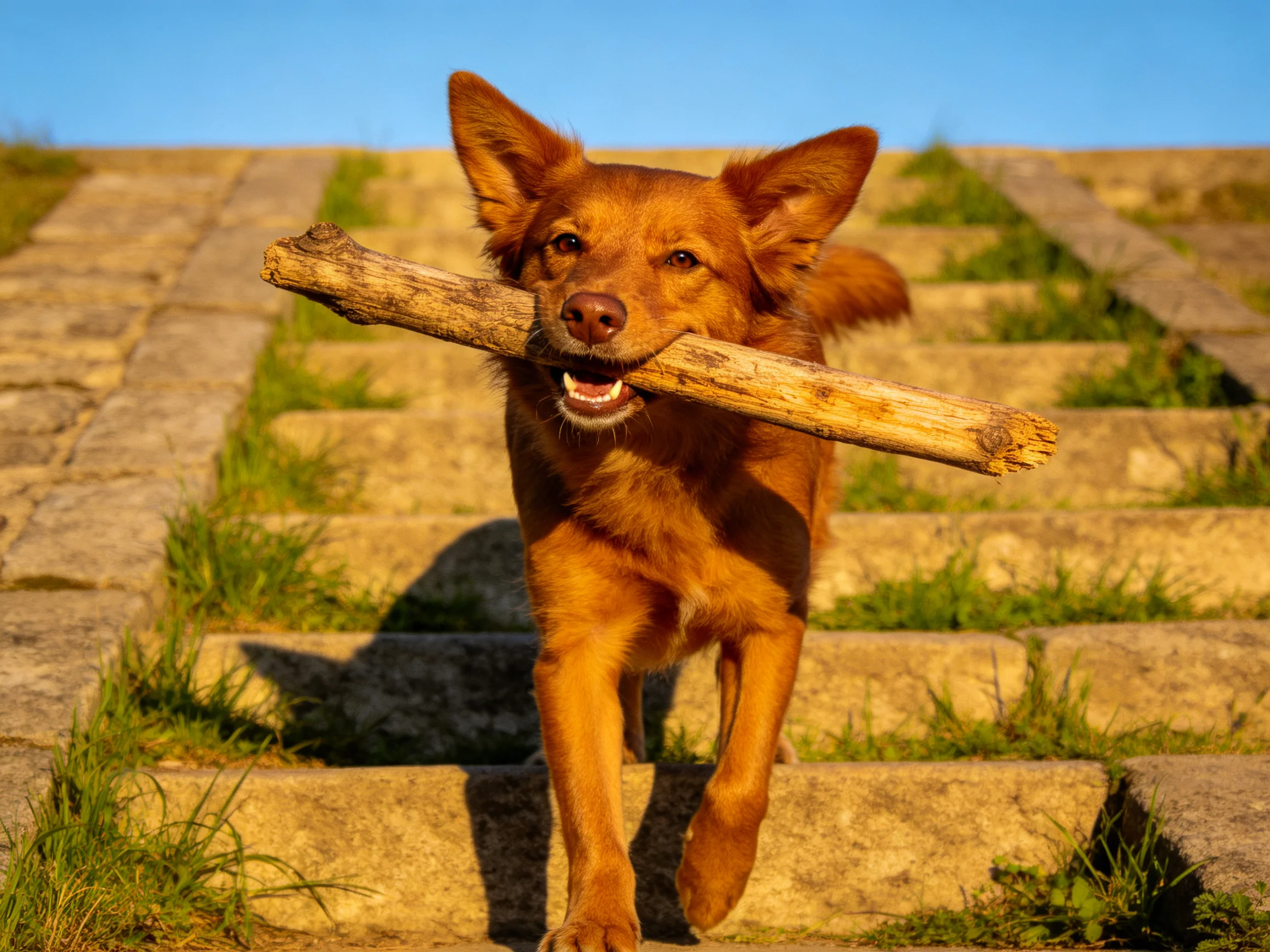 A golden-brown dog carries a large wooden stick up weathered stone steps