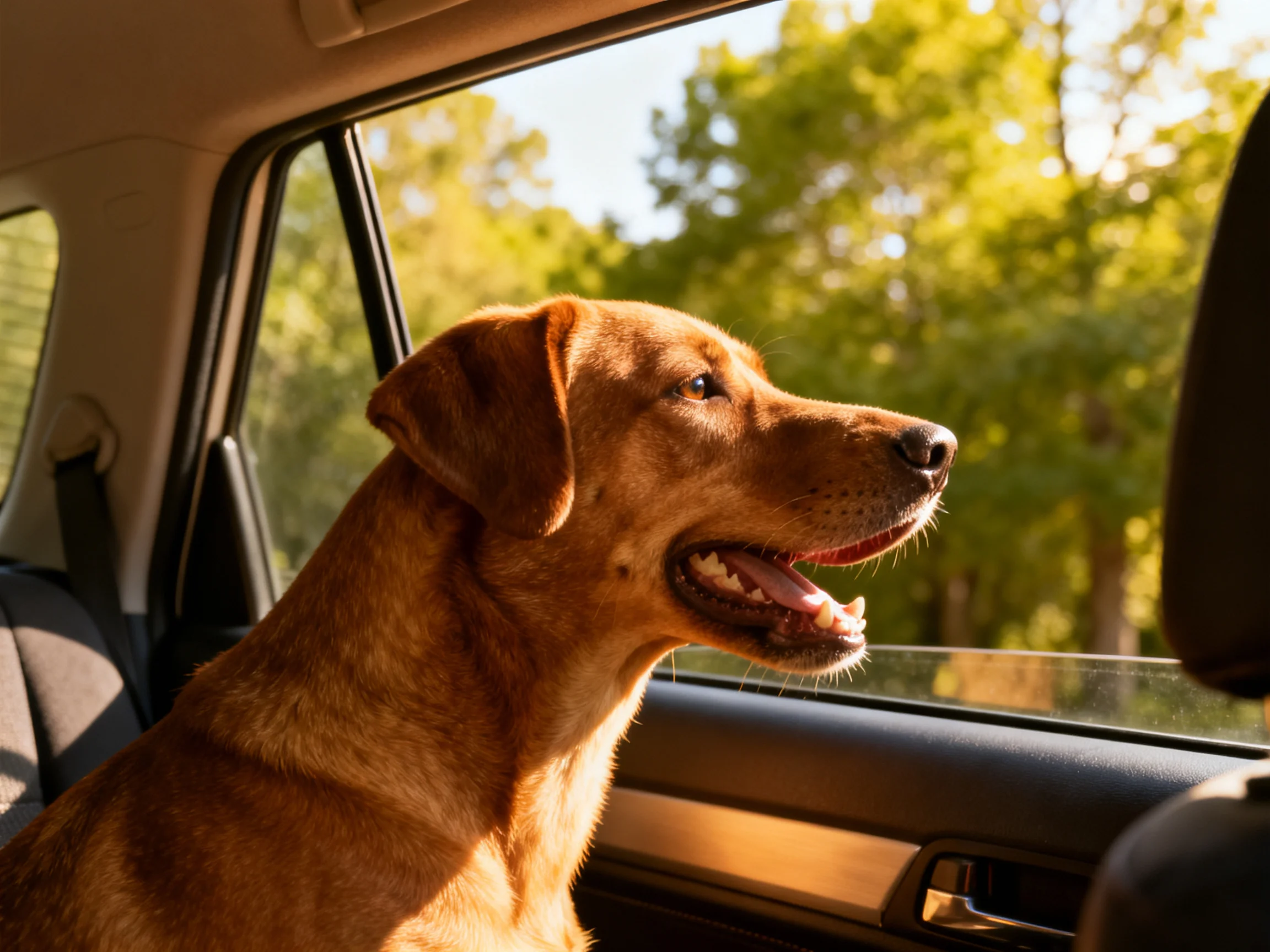 A golden-brown dog gazes out of an open car window on a sunny day