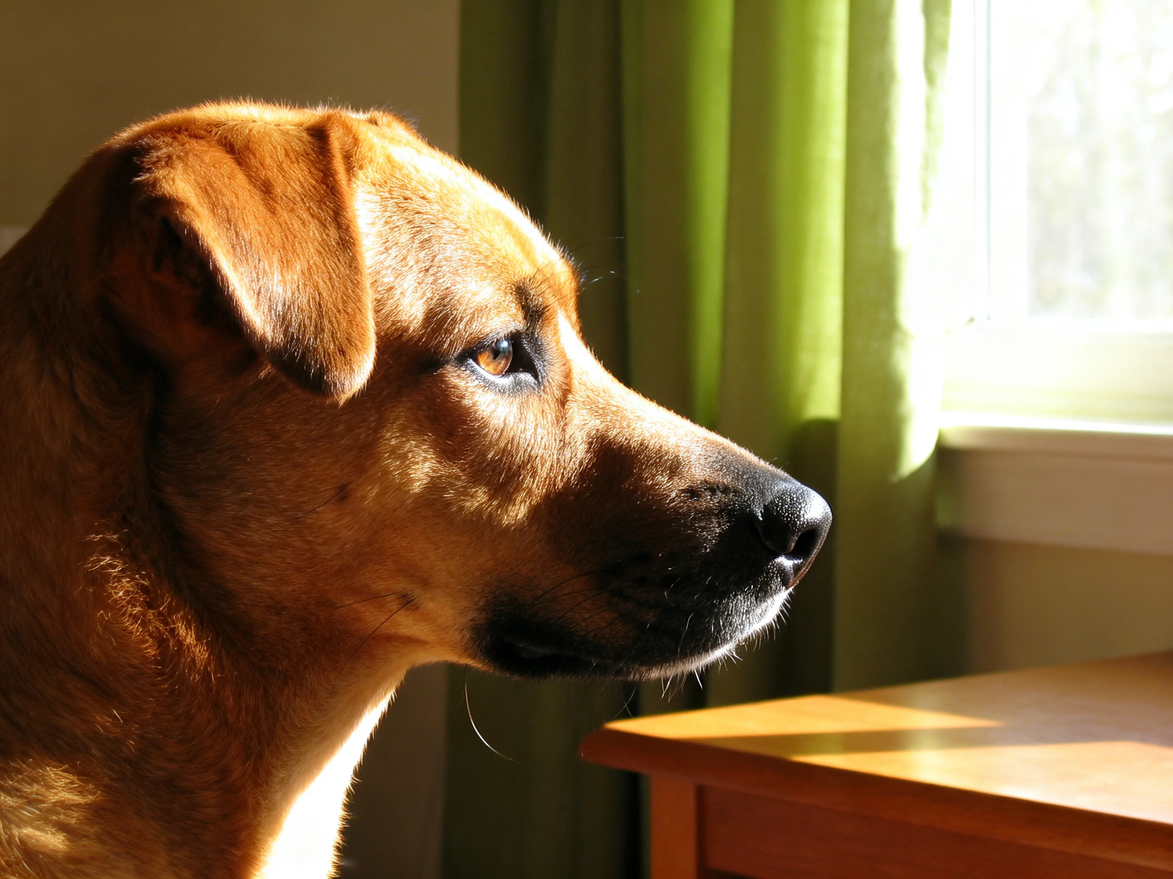 A golden-brown dog gazes toward a sunlit window with green drapes