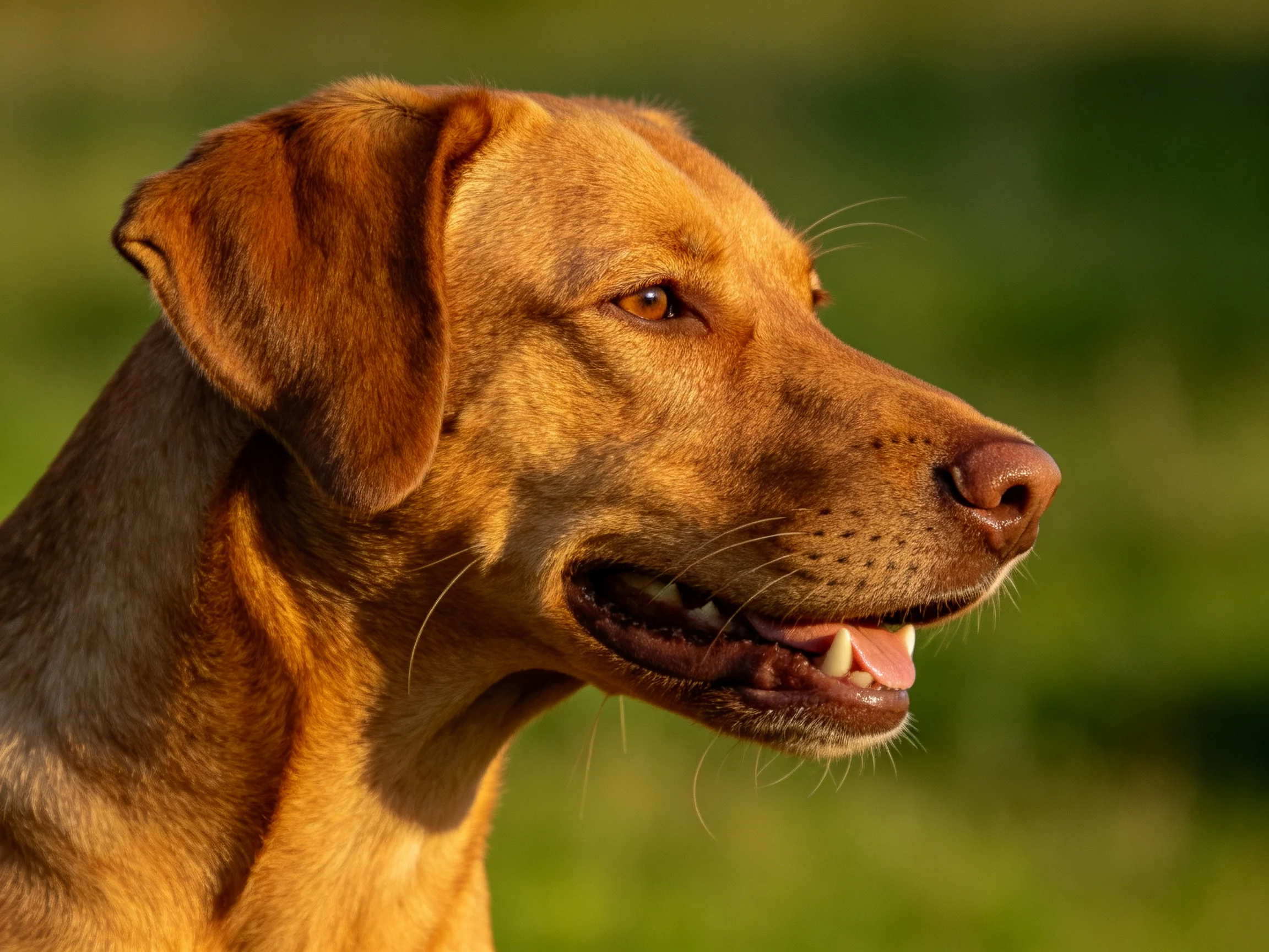 A golden-brown dog in profile with serene expression outdoors