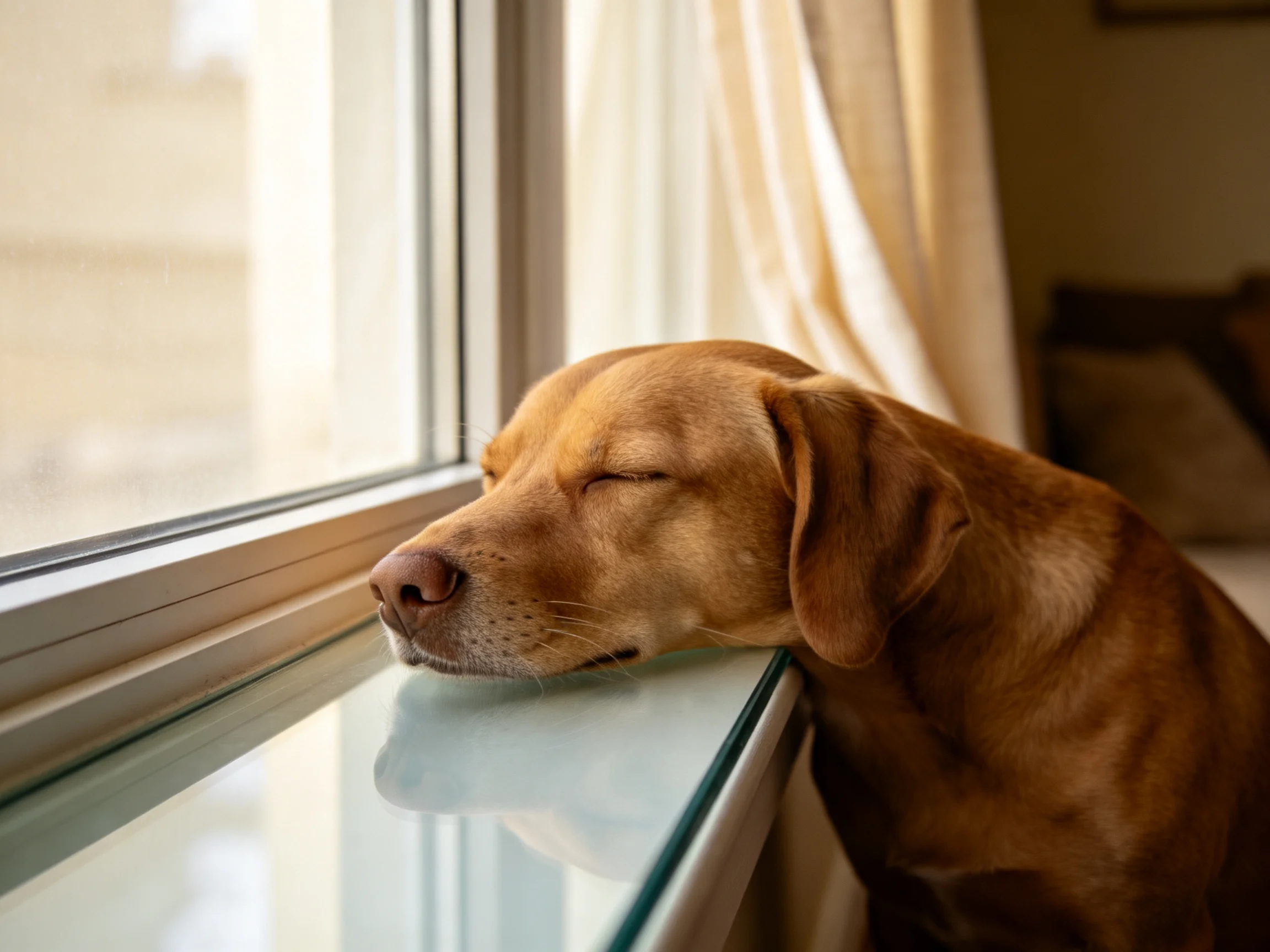 A golden-brown dog naps by a sunlit window ledge