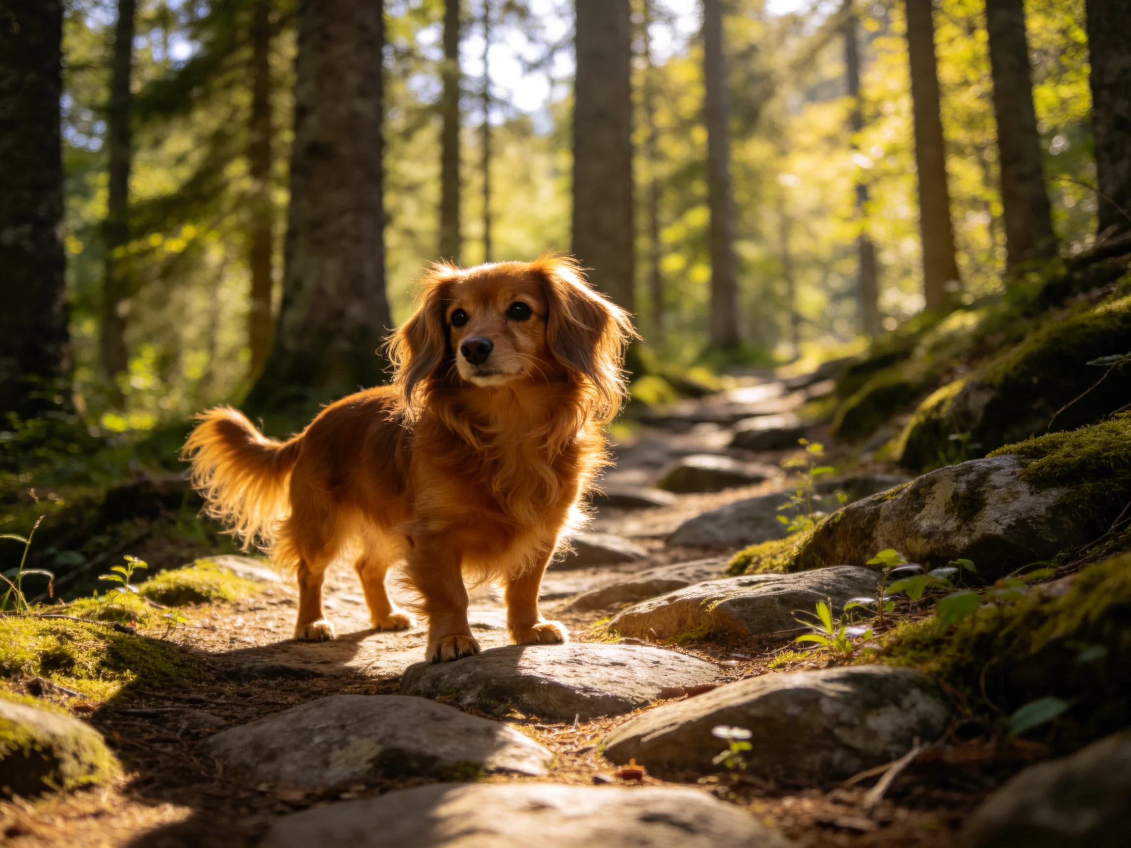 A golden-brown dog on a mossy stone forest path