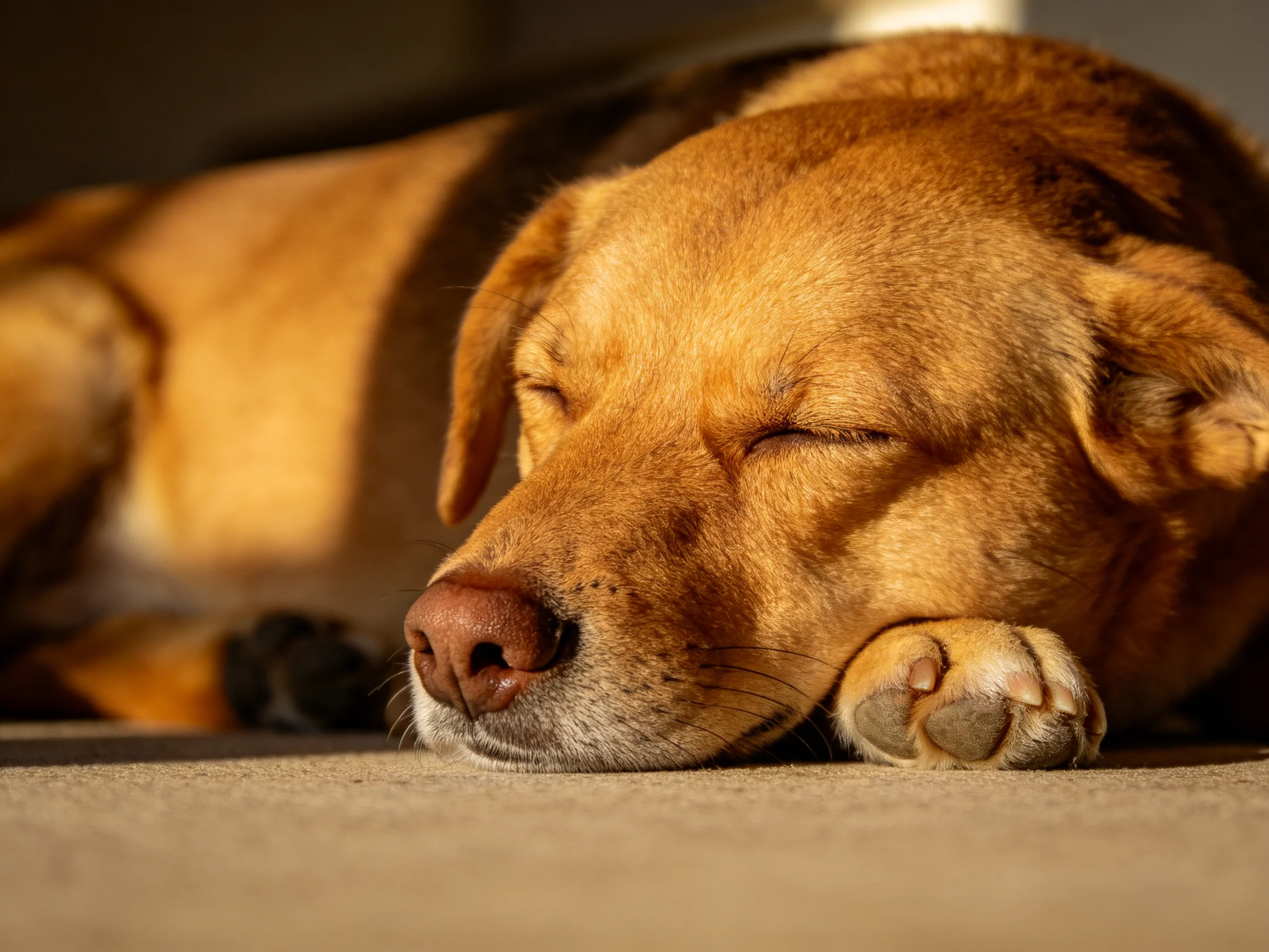 A golden-brown dog peacefully resting on a smooth surface