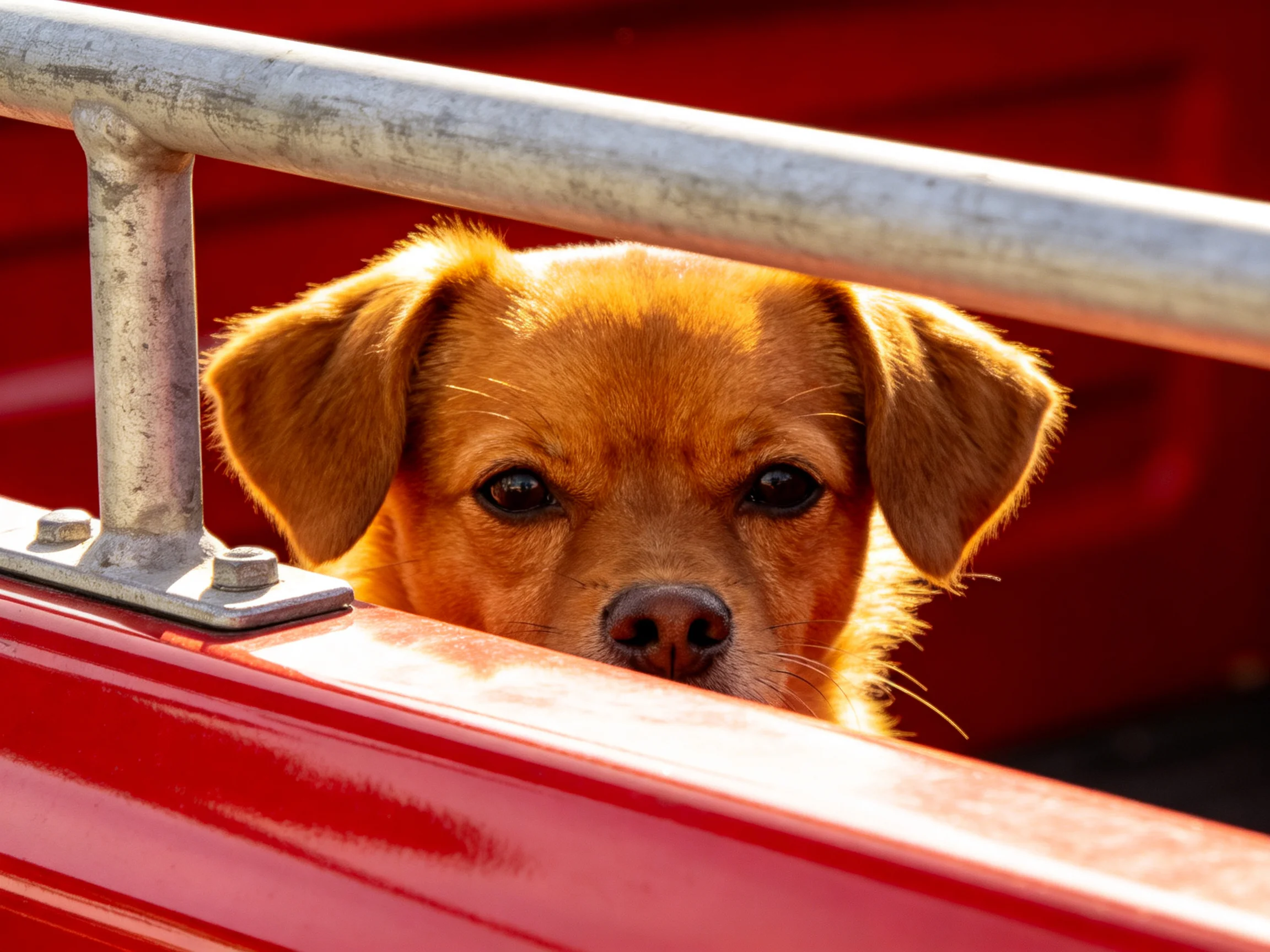 A golden-brown dog observes from behind a metallic red barrier.