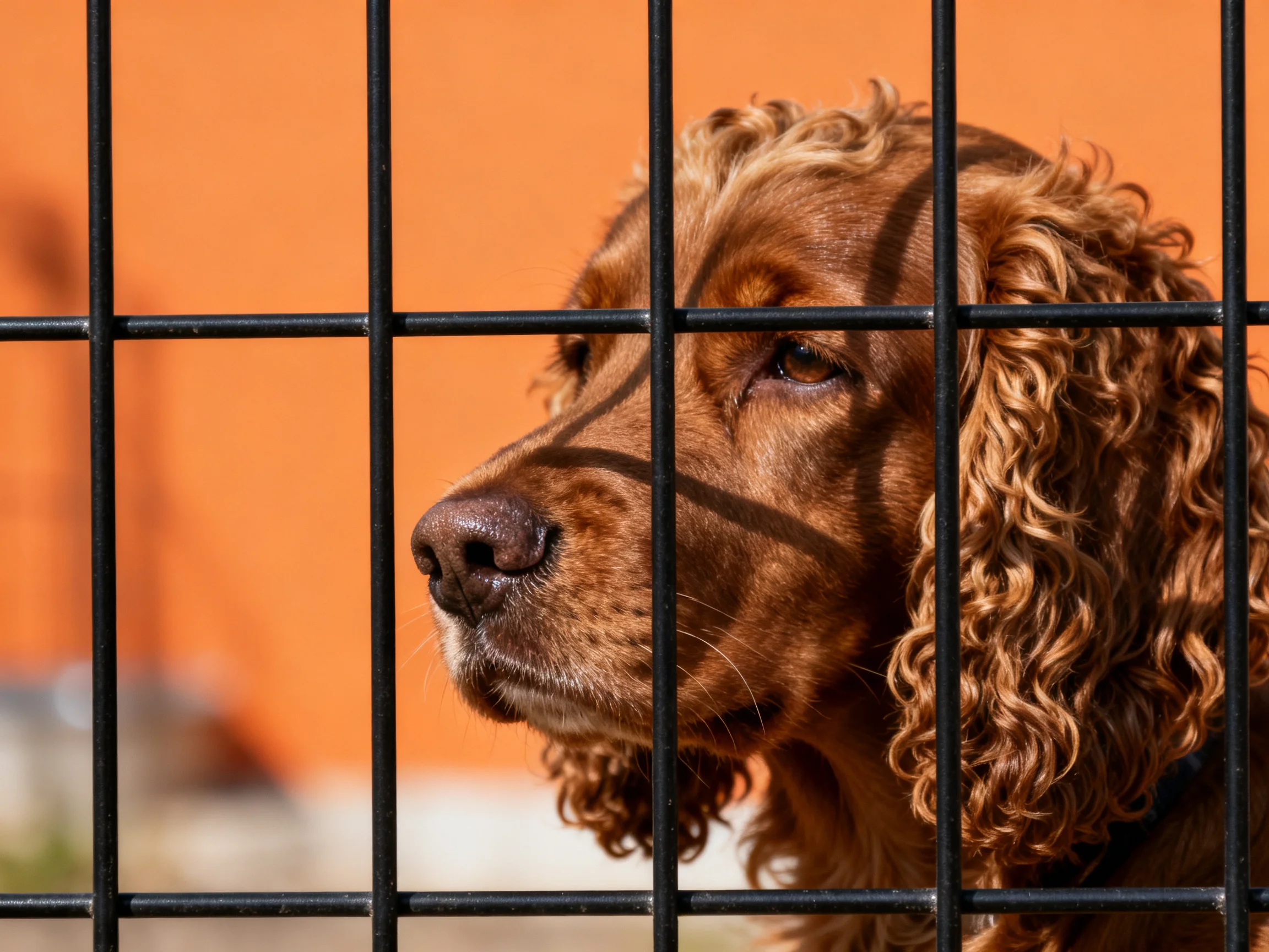 A golden-brown dog peers through a black metal fence against an orange wall