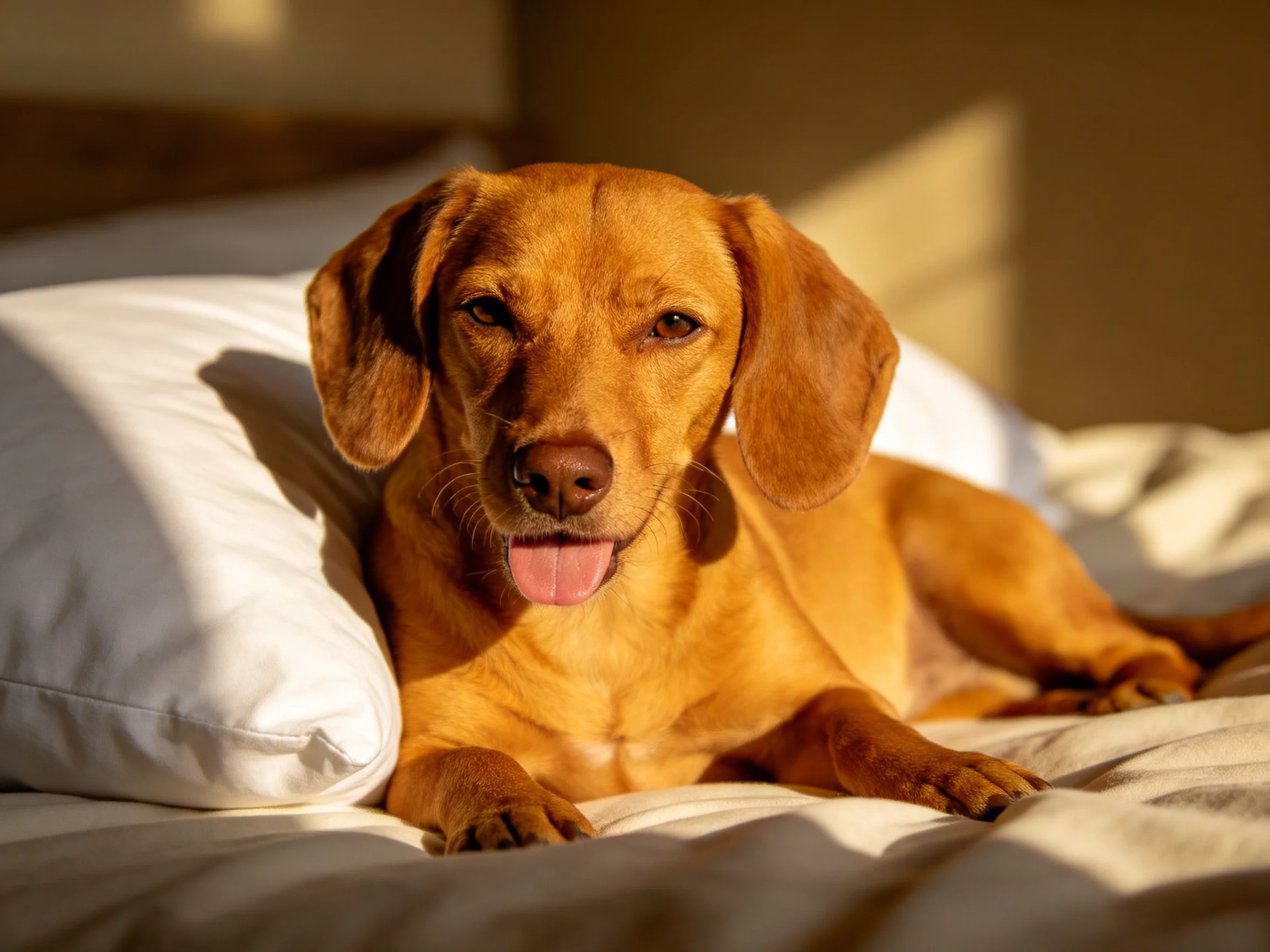A golden-brown dog rests on a bed with a white pillow in sunlight.