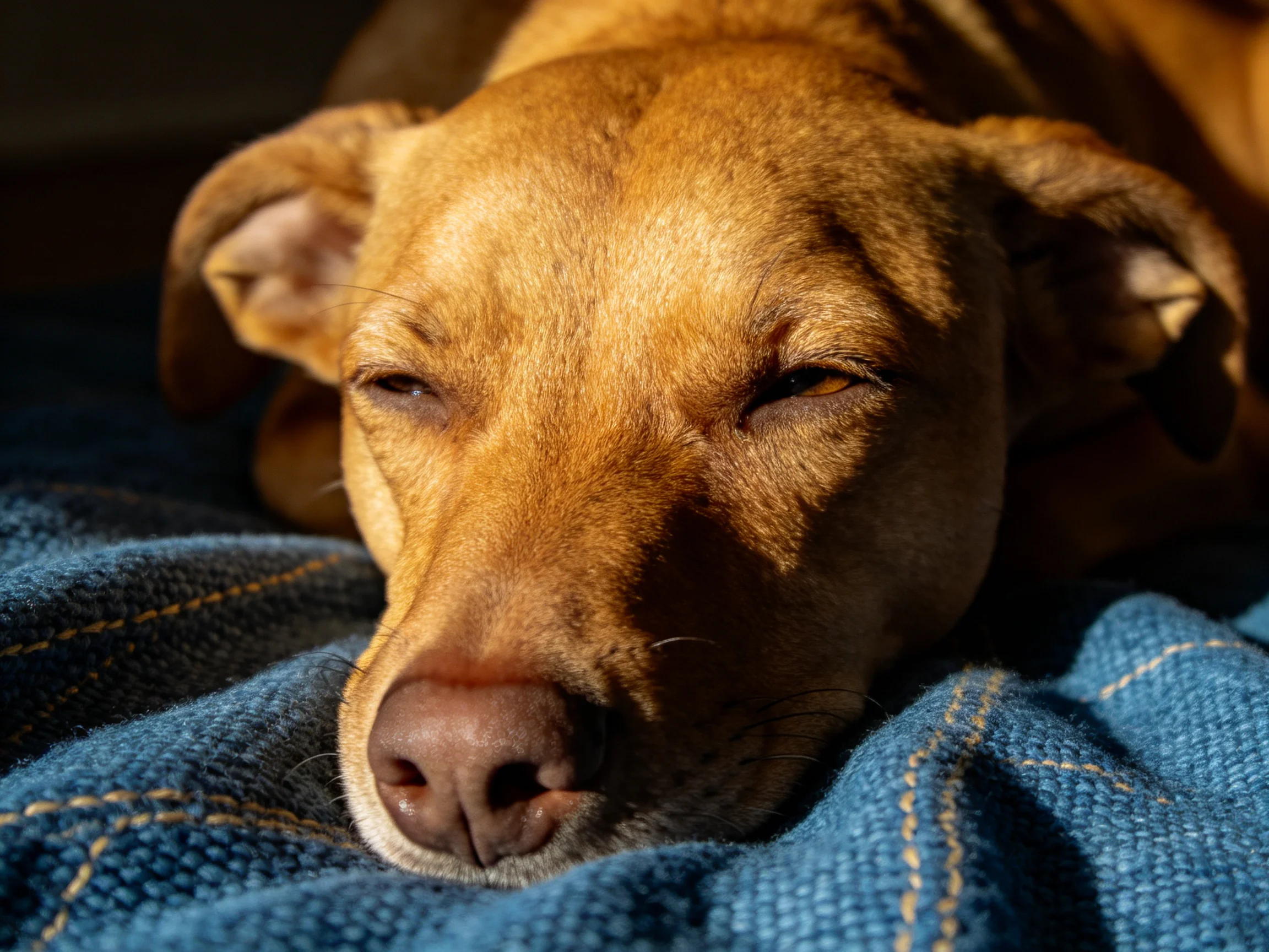 A golden-brown dog sleeps comfortably on a blue blanket.