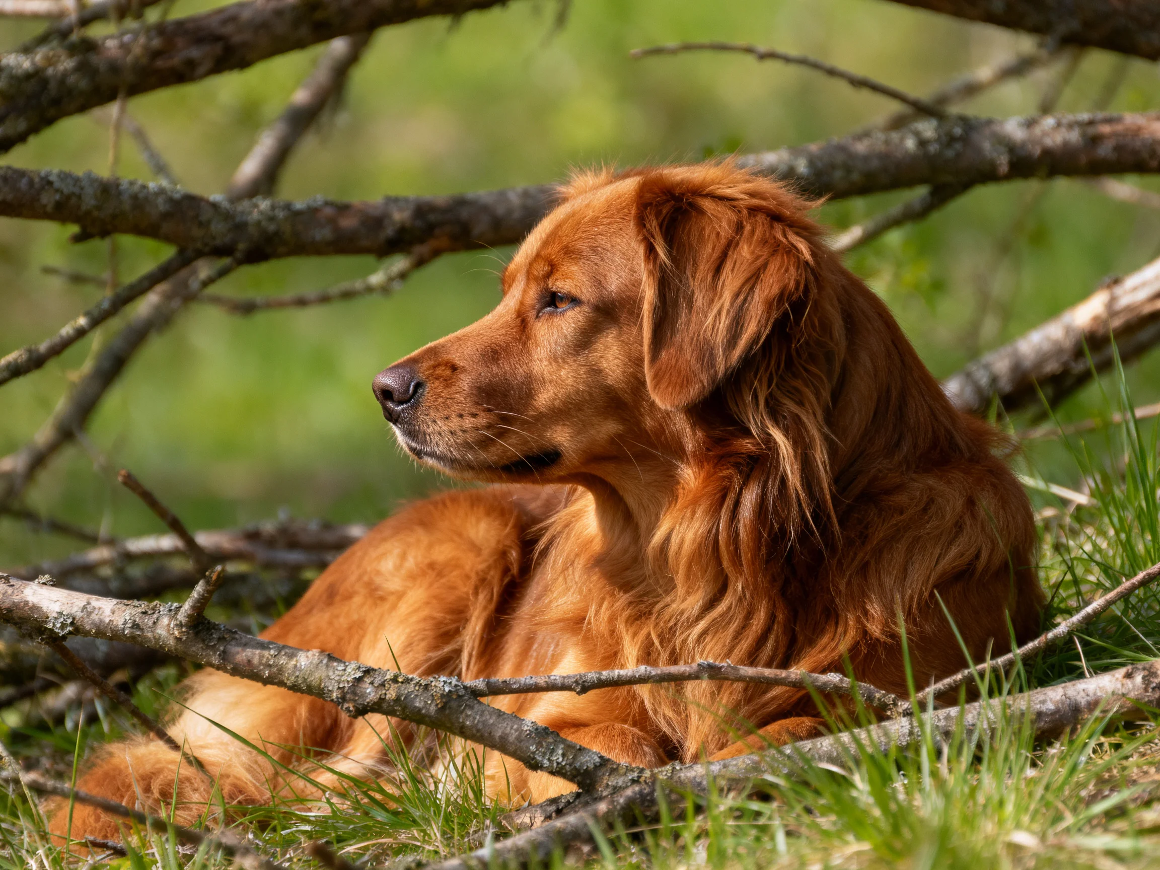 A golden-brown dog relaxes among branches and grass in bright daylight.