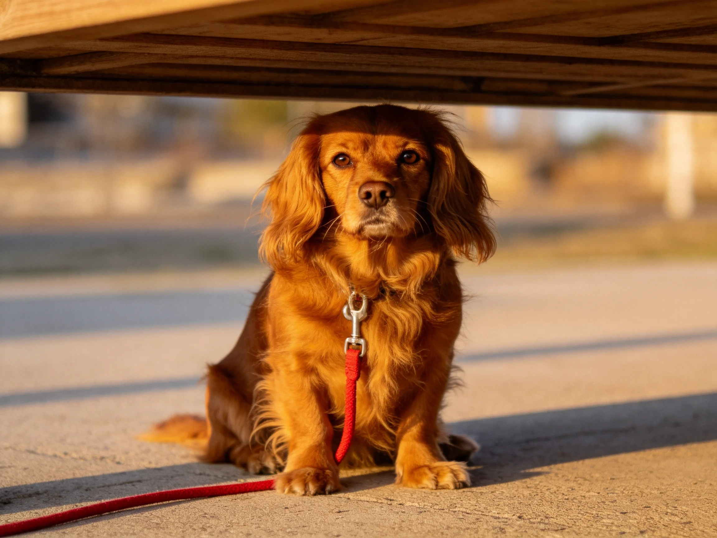 A golden-brown dog rests beneath a wooden structure with a red leash