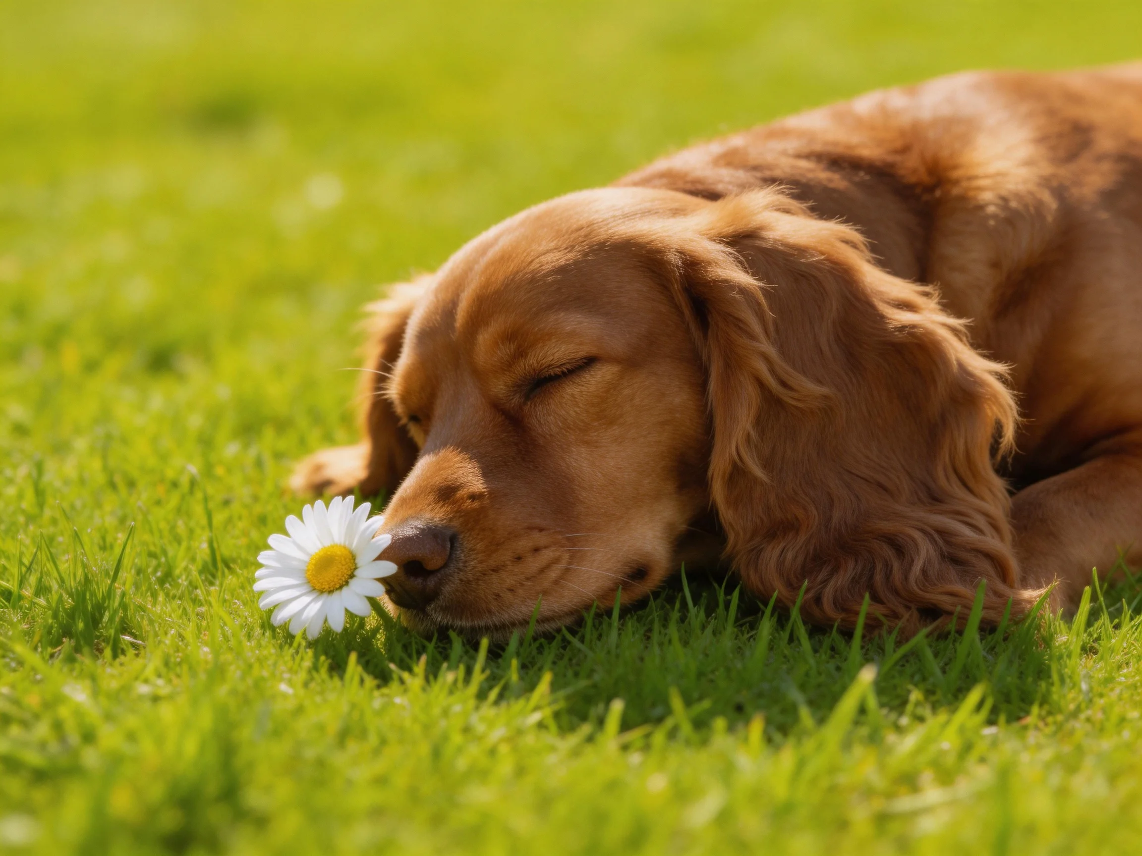 A golden-brown dog lies next to a white daisy on green grass.