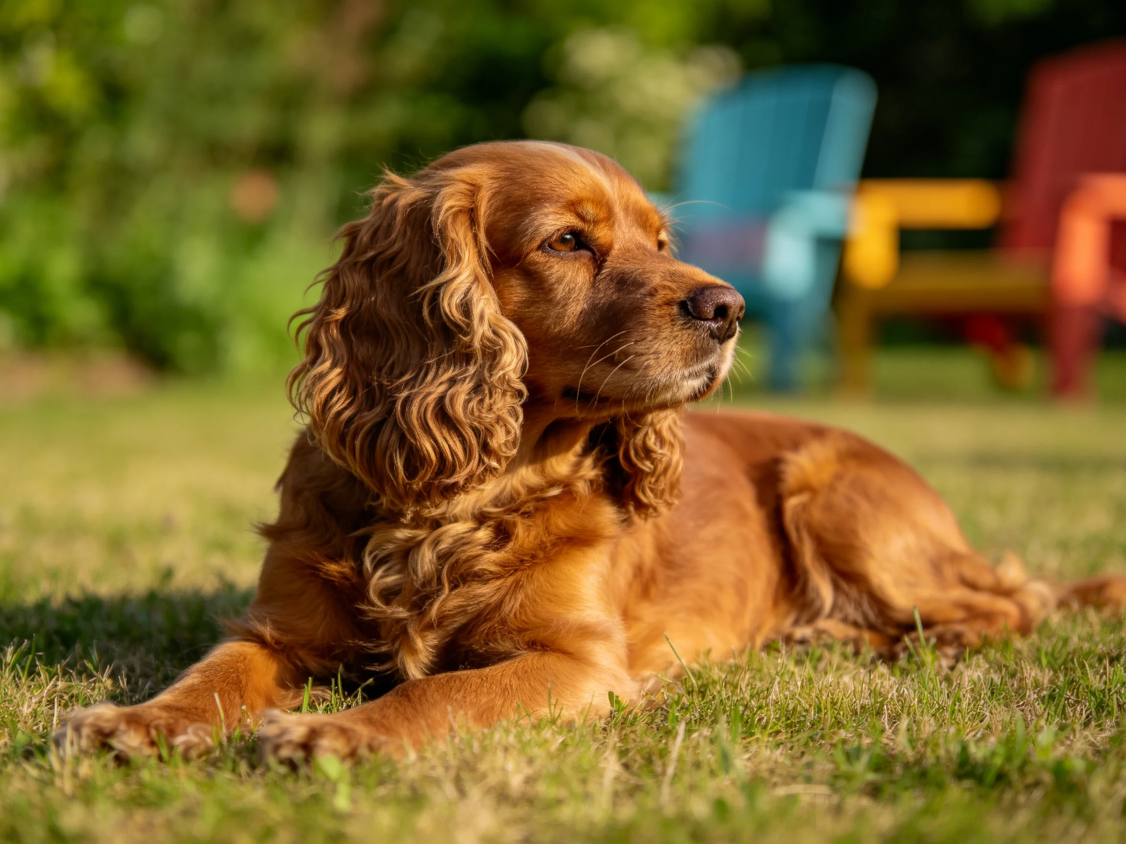 A golden-brown dog lies on grass with colorful patio furniture in a sunny outdoor setting.