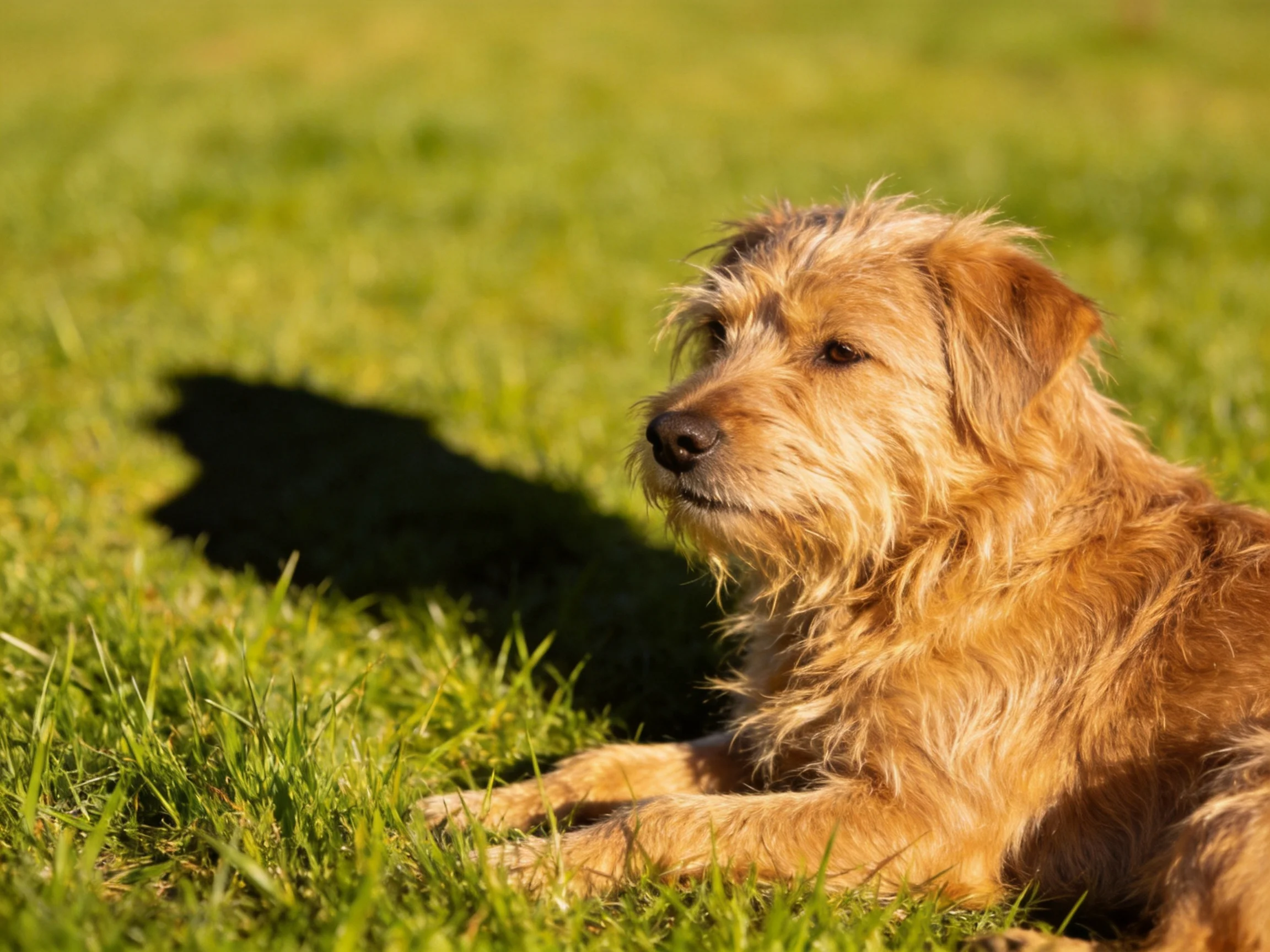 A golden-brown dog relaxes on green grass in sunlight.
