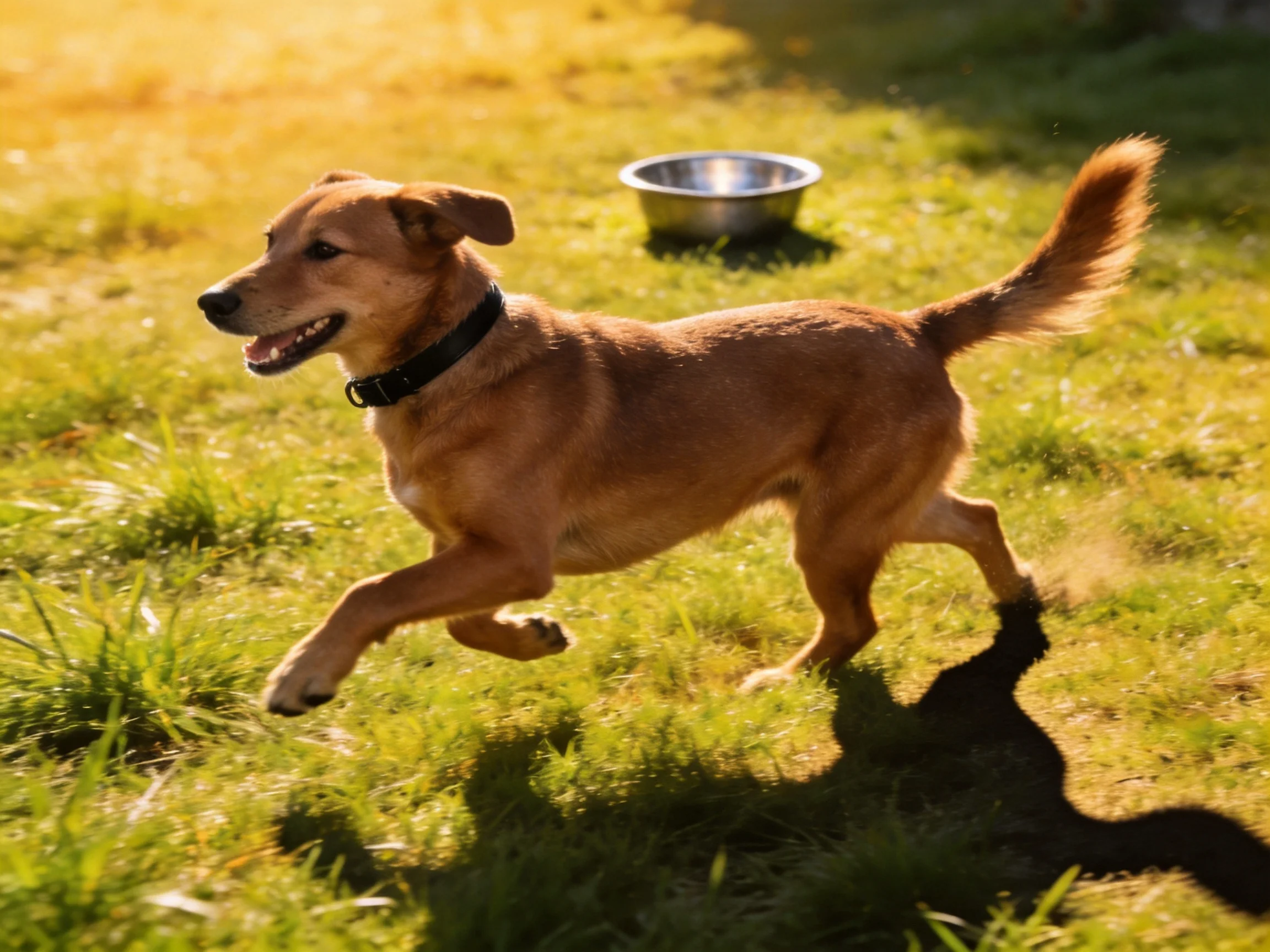 A golden-brown dog runs joyfully on sunlit green grass near a metal bowl