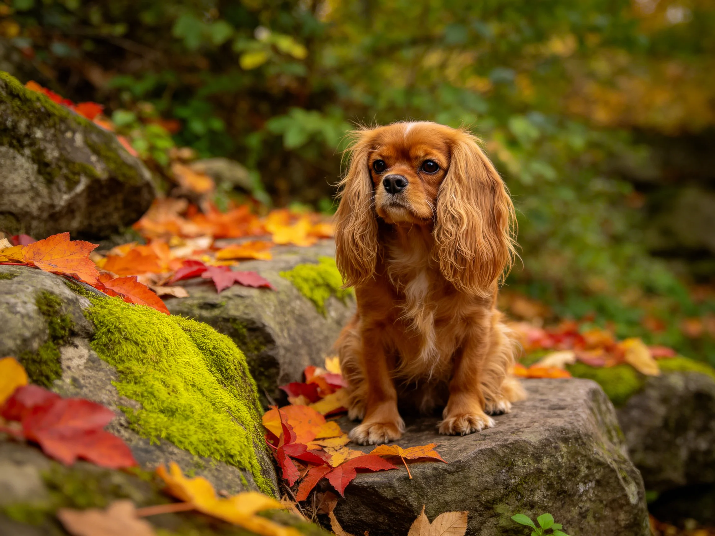 A golden-brown dog sits amid mossy rocks and autumn leaves