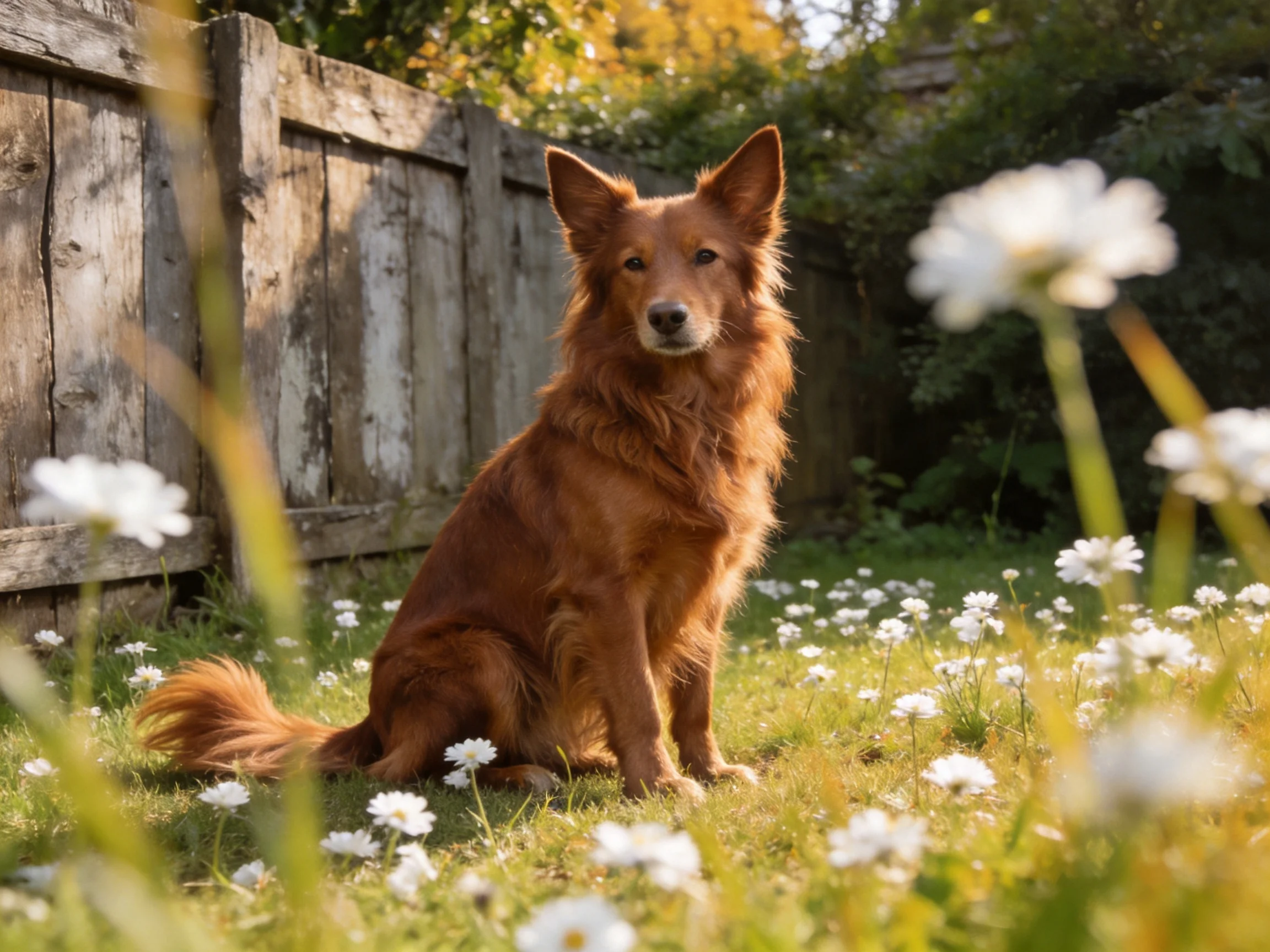 A golden-brown dog sits calmly among white flowers near an old wooden fence.