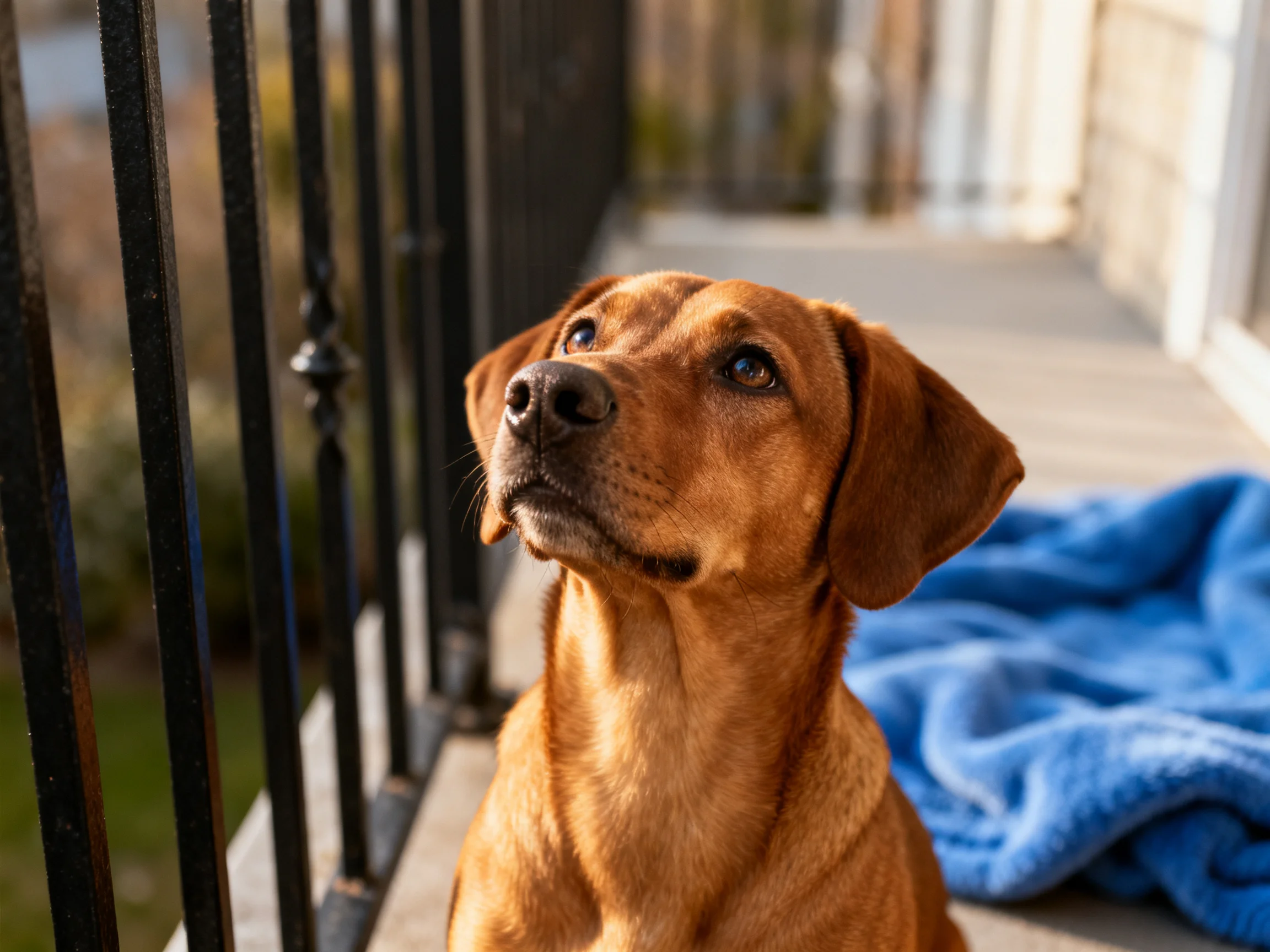 A golden-brown dog sits by a black metal railing with a blue blanket in an outdoor setting.