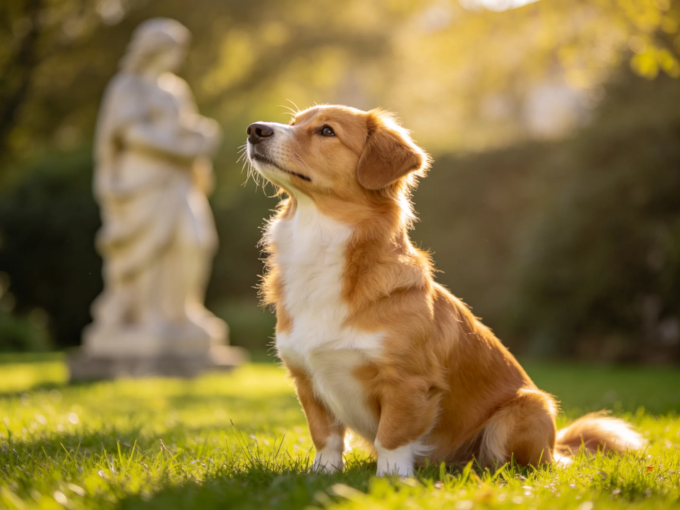 A golden-brown dog sits on grass near a stone statue in a sunlit outdoor setting.
