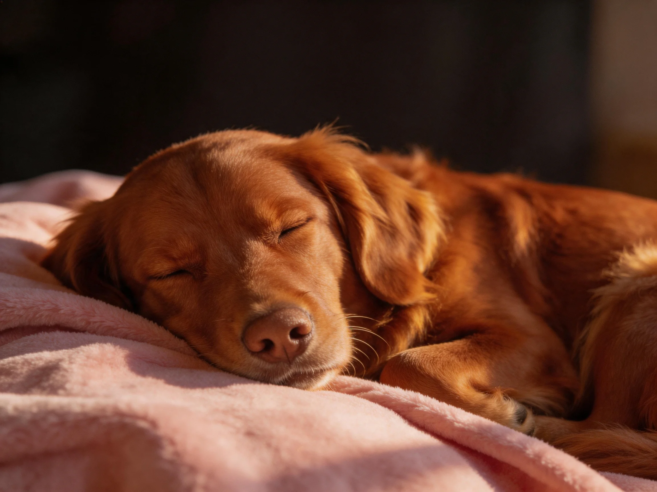A golden-brown dog sleeps contentedly on a pink blanket