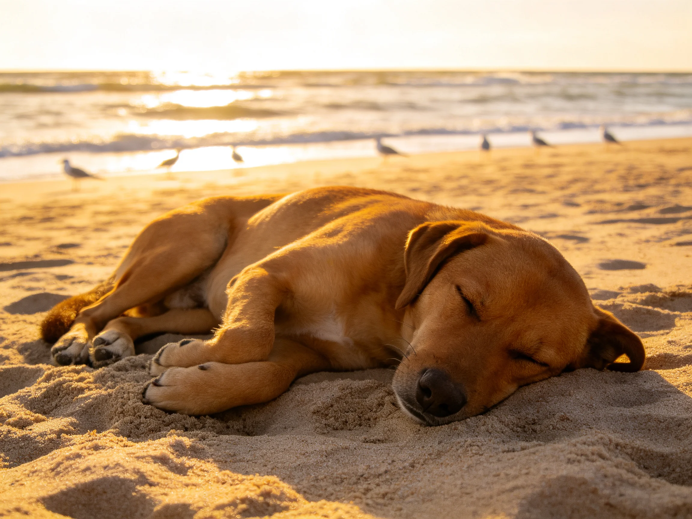 A golden-brown dog rests on sandy beach near the ocean at sunset.