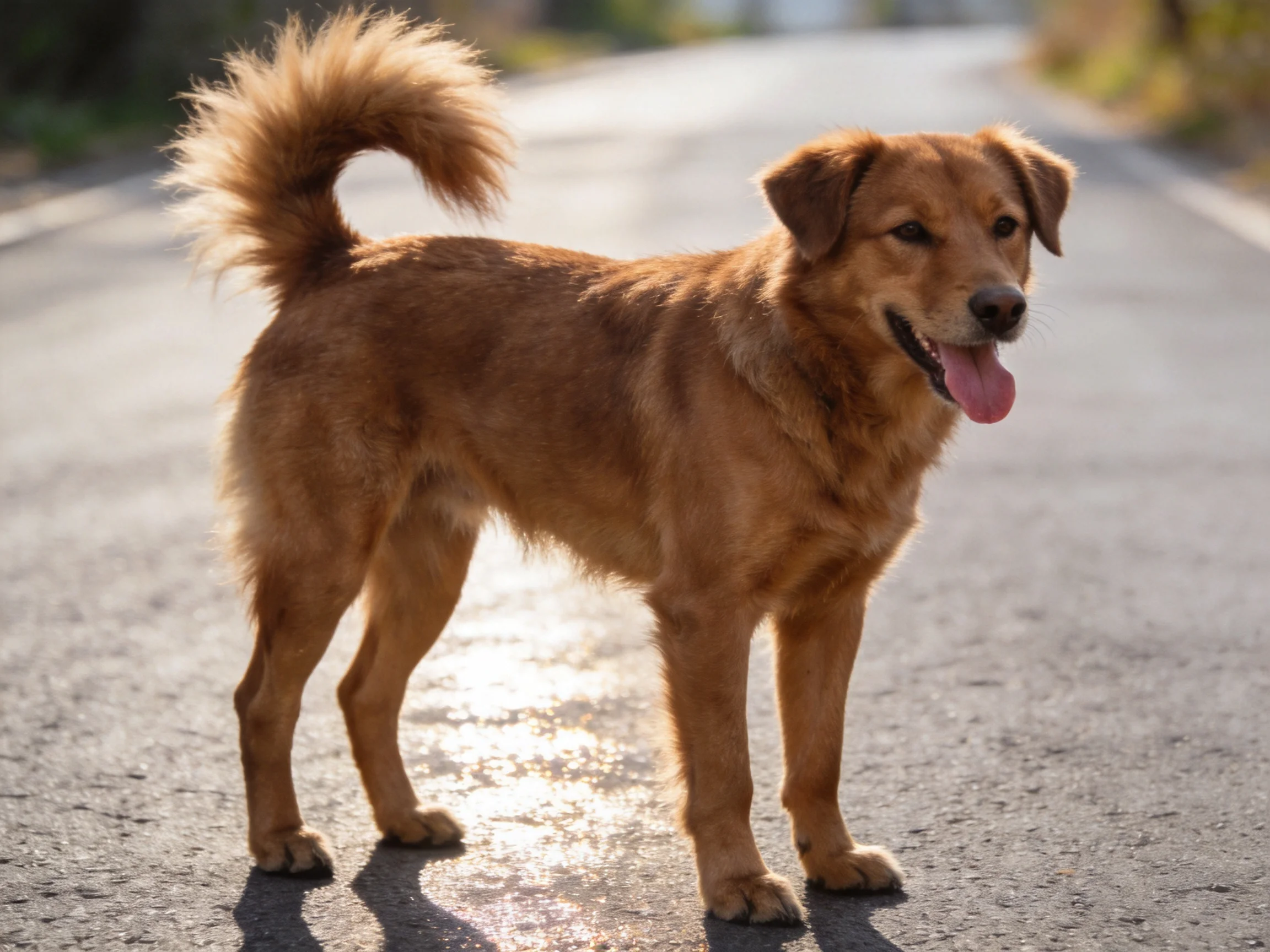 A golden-brown dog stands alertly on a sunlit asphalt road
