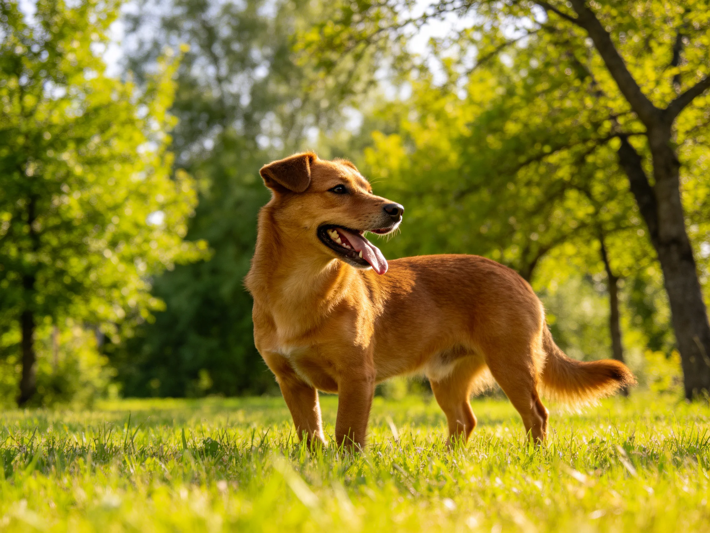 A golden-brown dog stands in a sunlit meadow