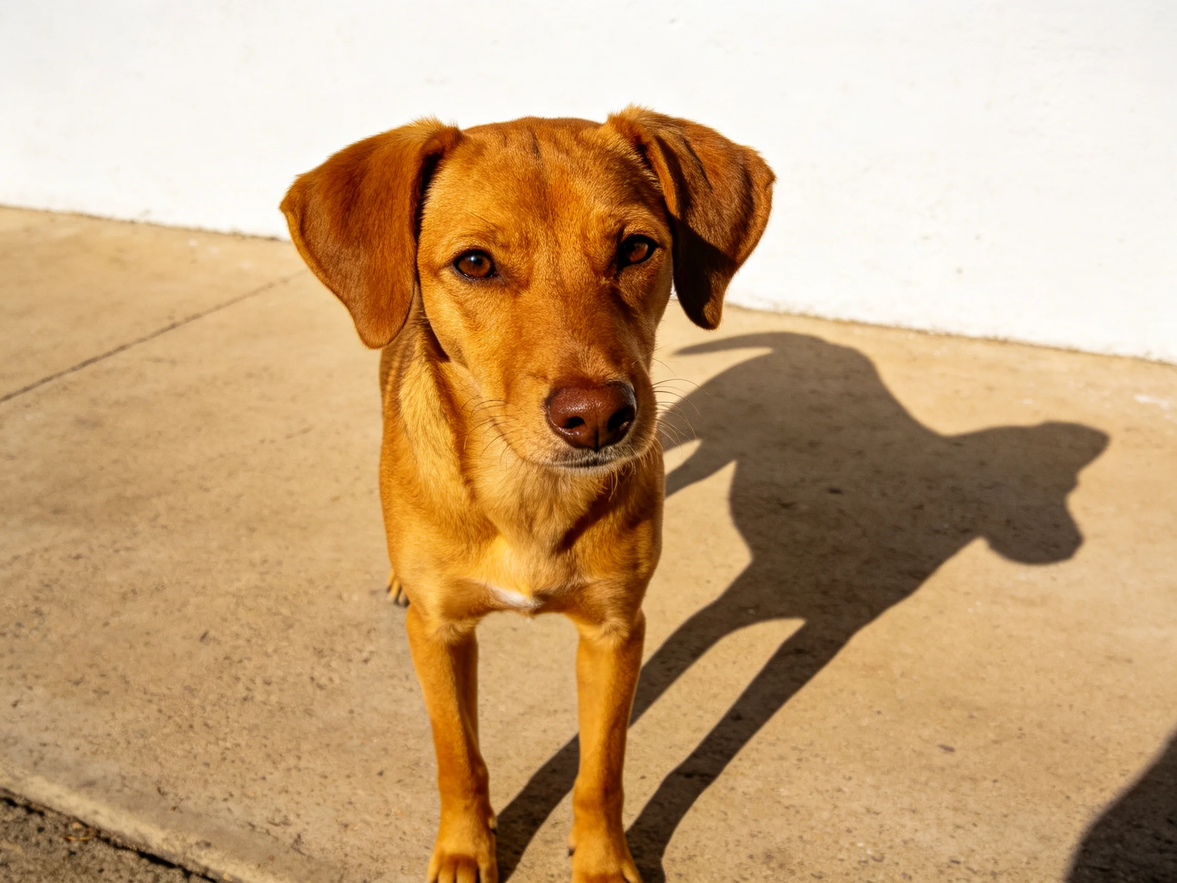 A golden-brown dog stands on a concrete sidewalk with its shadow visible.