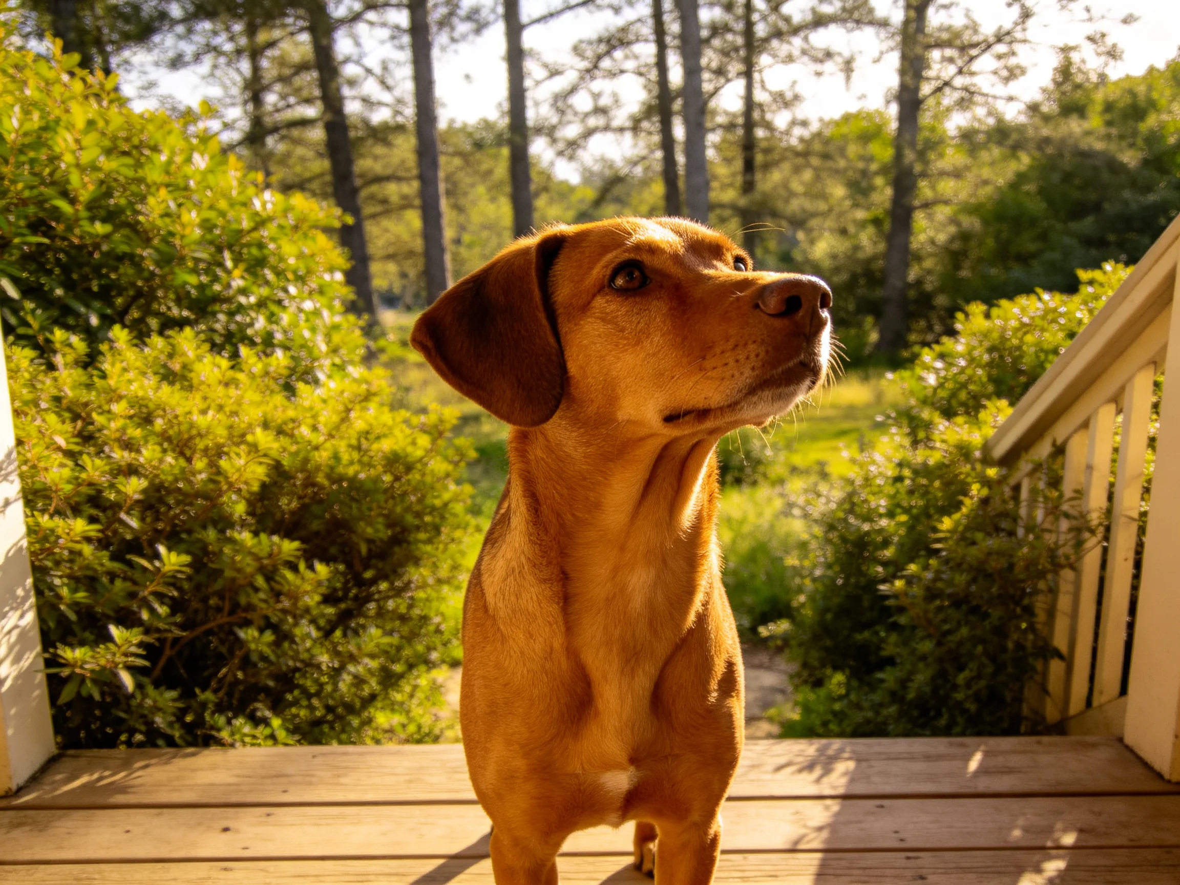 A golden-brown dog stands on a wooden porch surrounded by greenery.