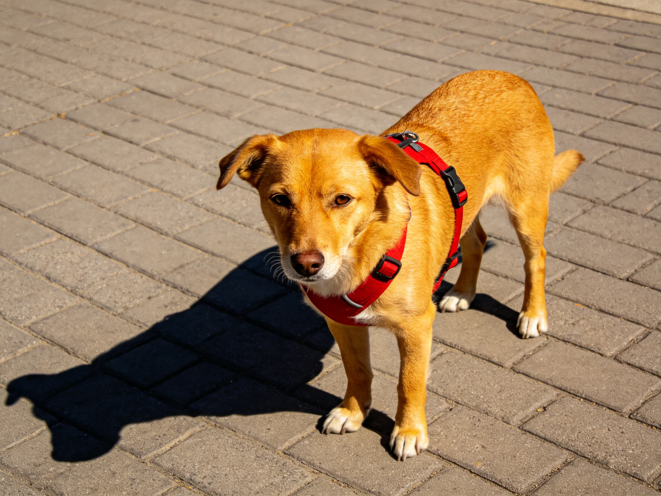 A golden-brown dog with a red harness on brick pavement