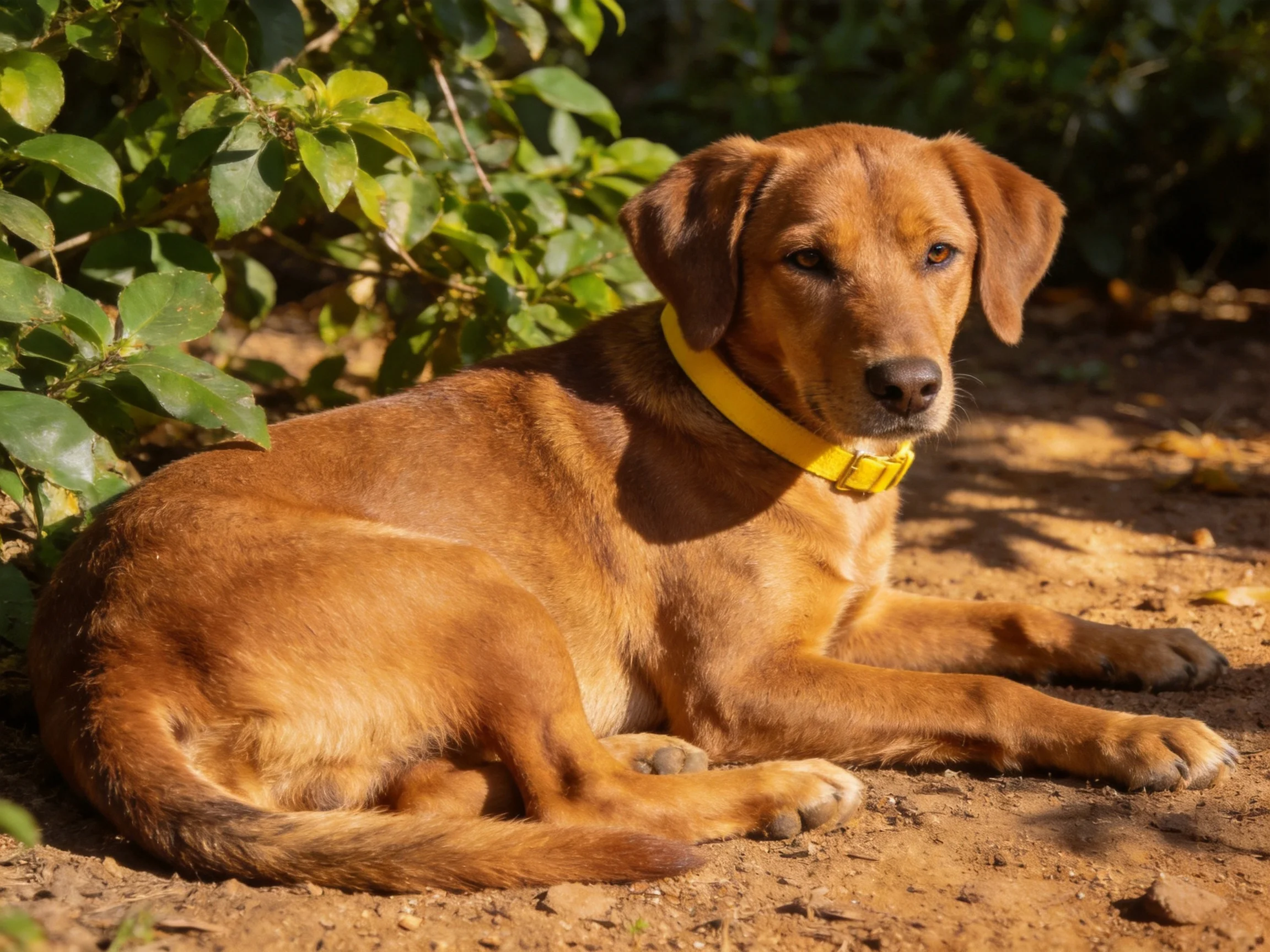 A golden-brown dog with a yellow collar rests near green bushes on a dirt path